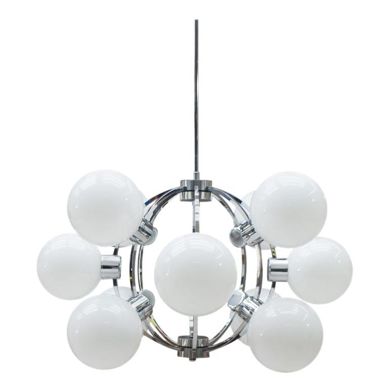 Large 1960s Chrome Ceiling Lamp with 12 Opaline Glass Globes, Germany