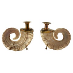 Large 1960's Curly Ram Horn & Brass Candlesticks Centerpiece