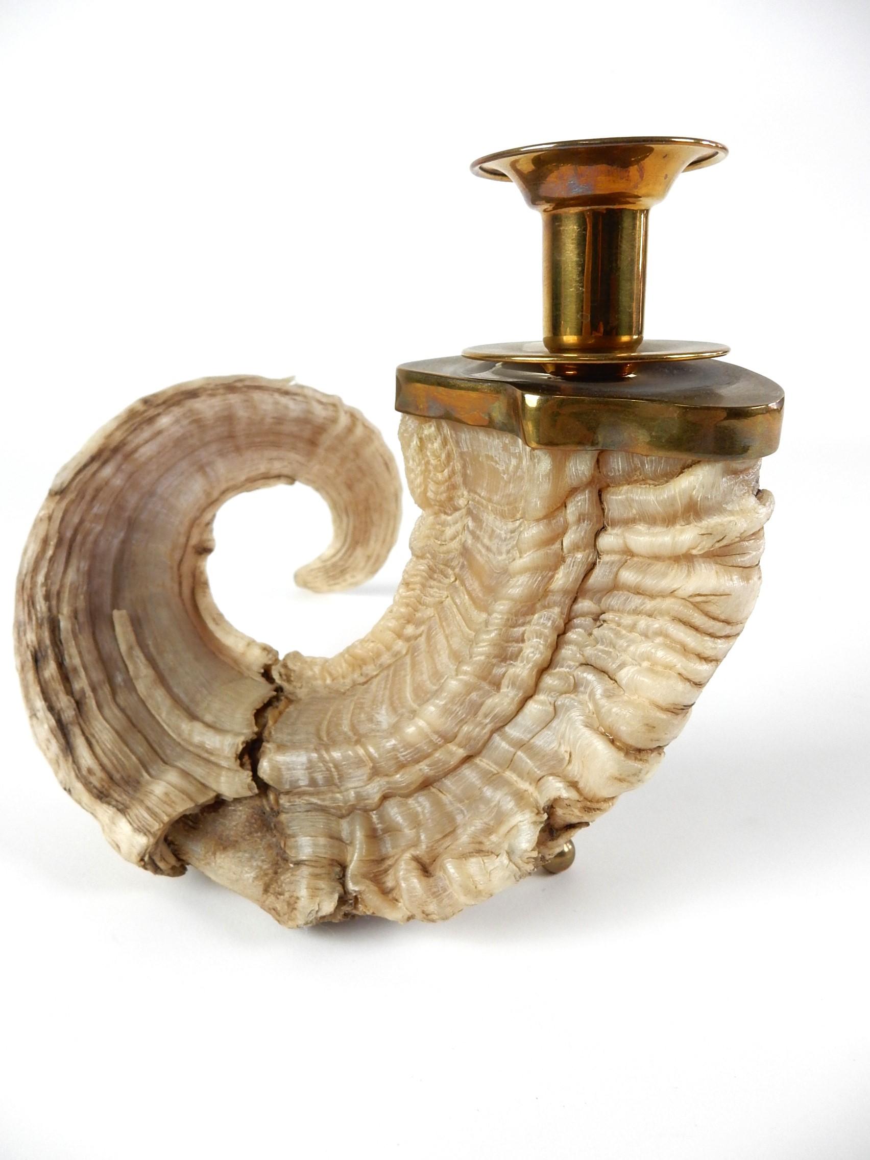 Hollywood Regency Large 1960's Curly Ram Horn & Brass Candlesticks Centerpiece For Sale
