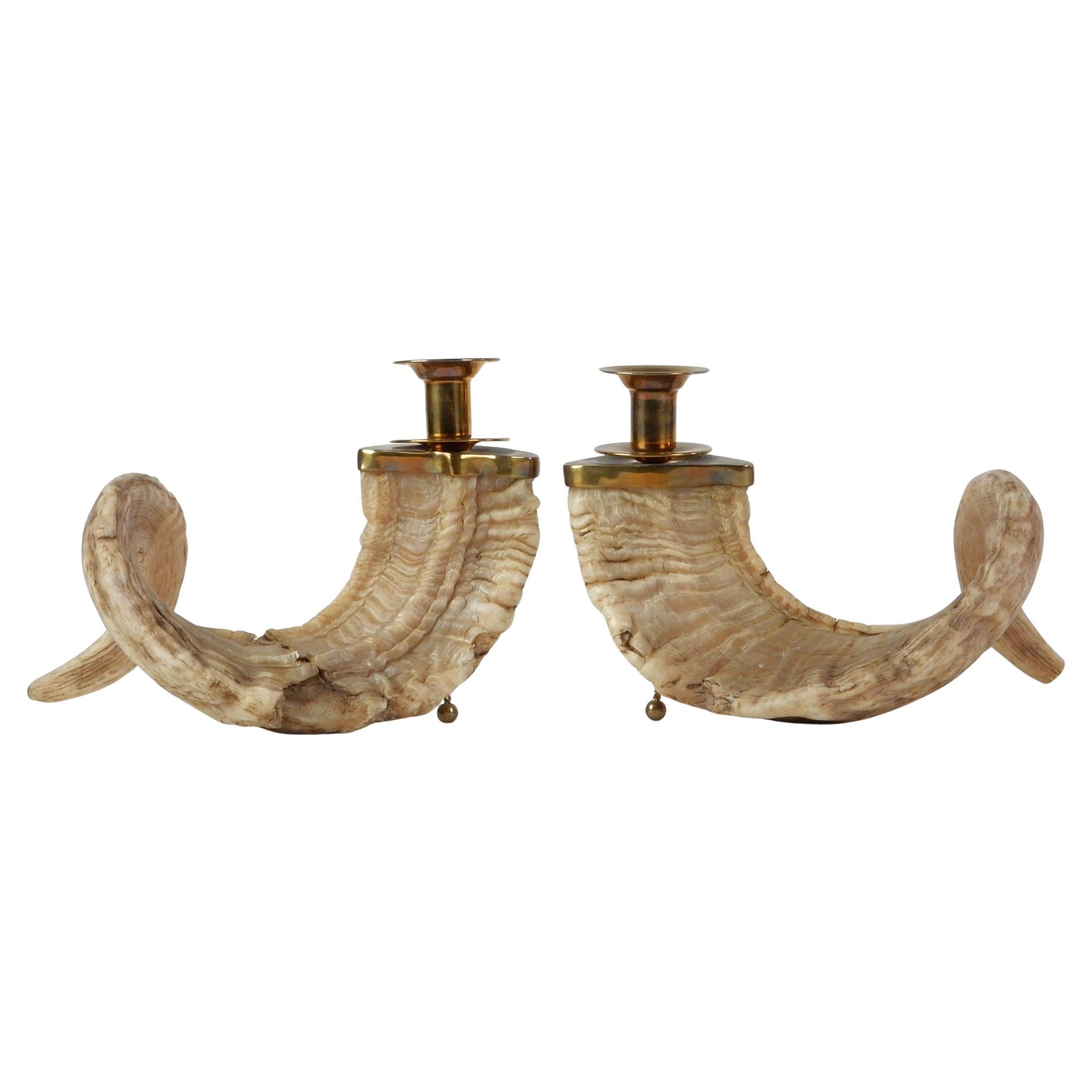 Indian Large 1960's Curly Ram Horn & Brass Candlesticks Centerpiece For Sale