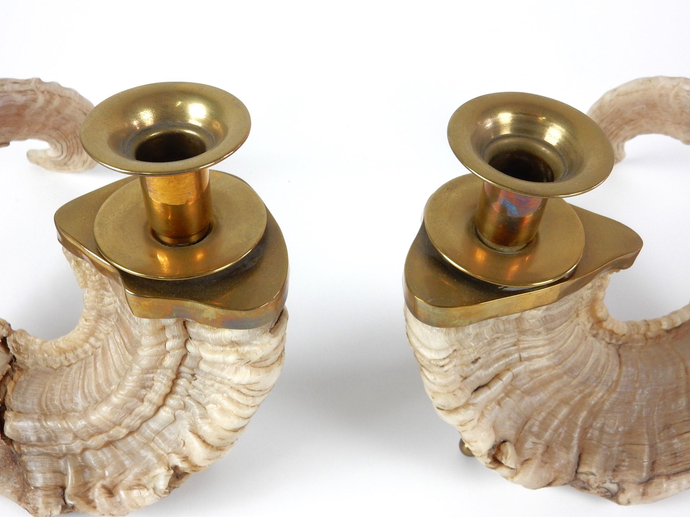 Large 1960's Curly Ram Horn & Brass Candlesticks Centerpiece In Good Condition For Sale In Las Vegas, NV