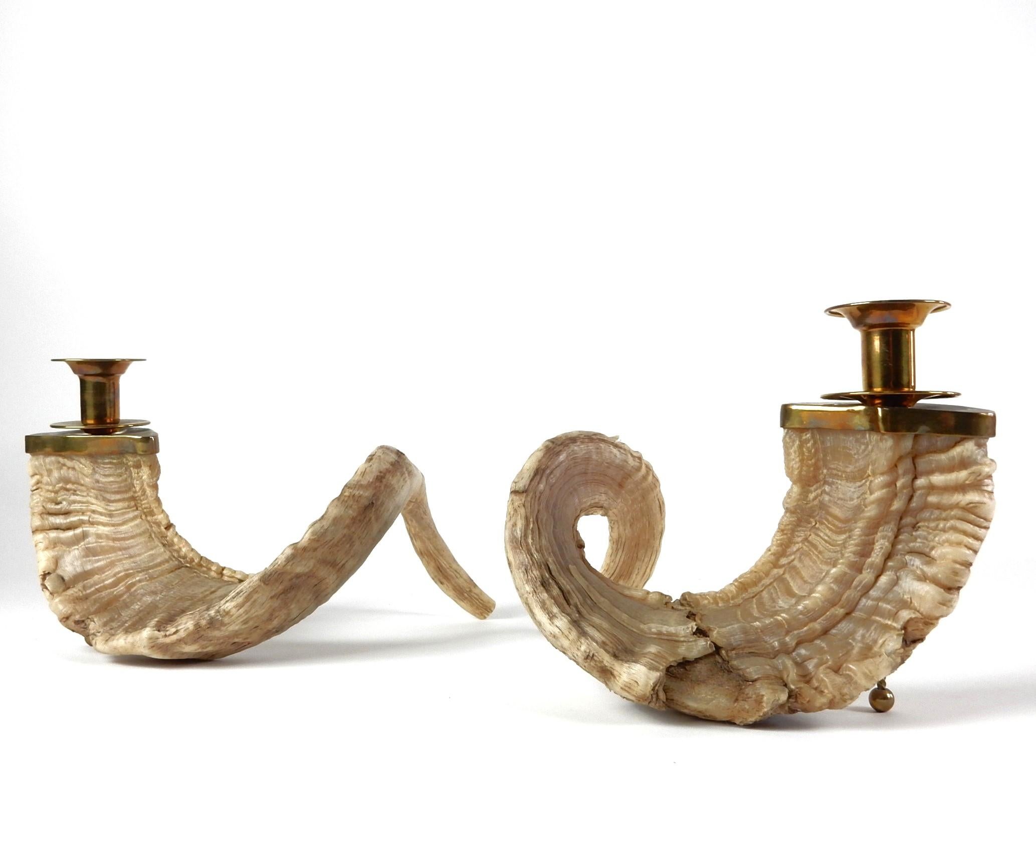 20th Century Large 1960's Curly Ram Horn & Brass Candlesticks Centerpiece For Sale
