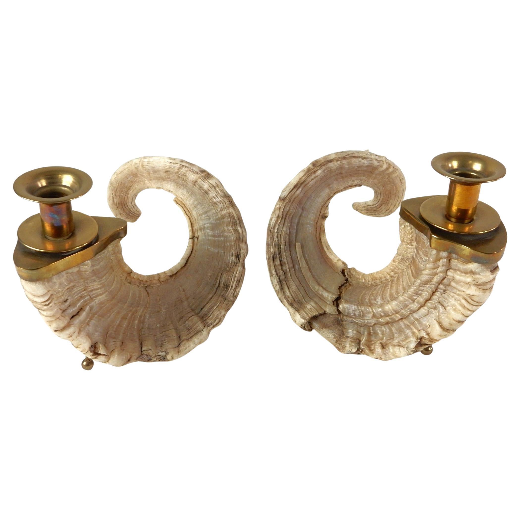 Large 1960's Curly Ram Horn & Brass Candlesticks Centerpiece For Sale 1