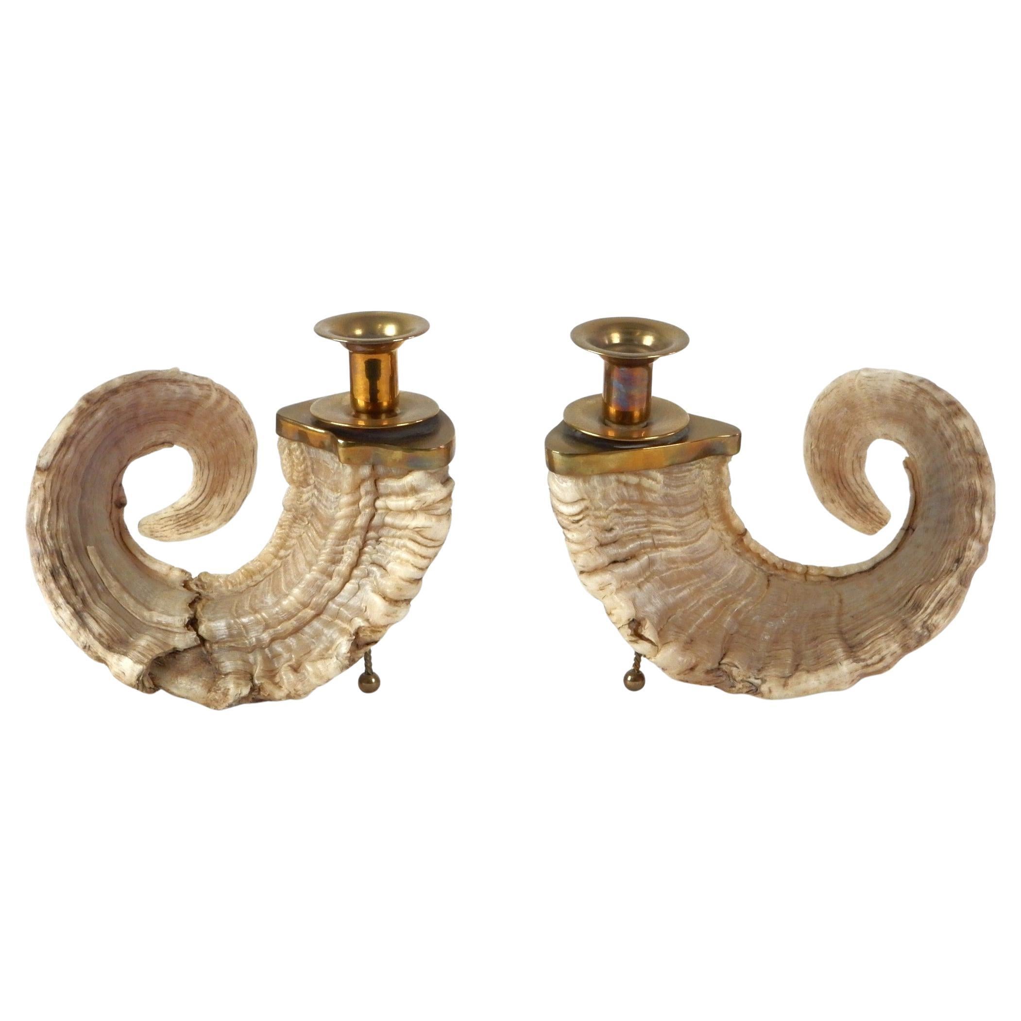 Large 1960's Curly Ram Horn & Brass Candlesticks Centerpiece For Sale 3