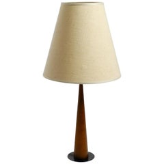 Vintage Large 1960s Danish Table Lamp Made of Teak with Original Fabric Shade