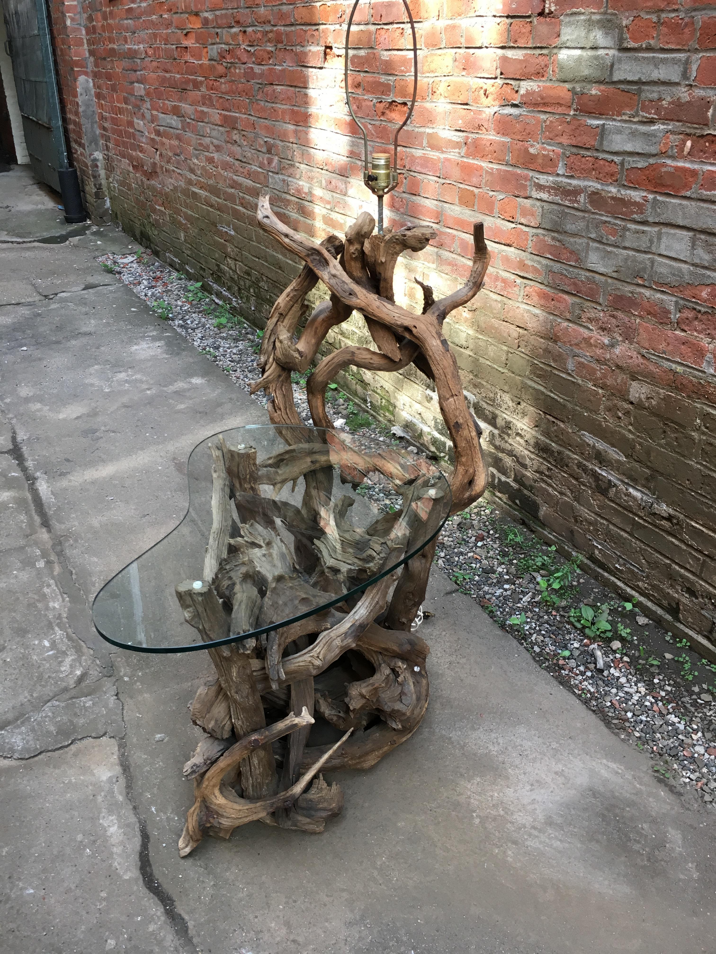American Large 1960s Driftwood Table Floor Lamp