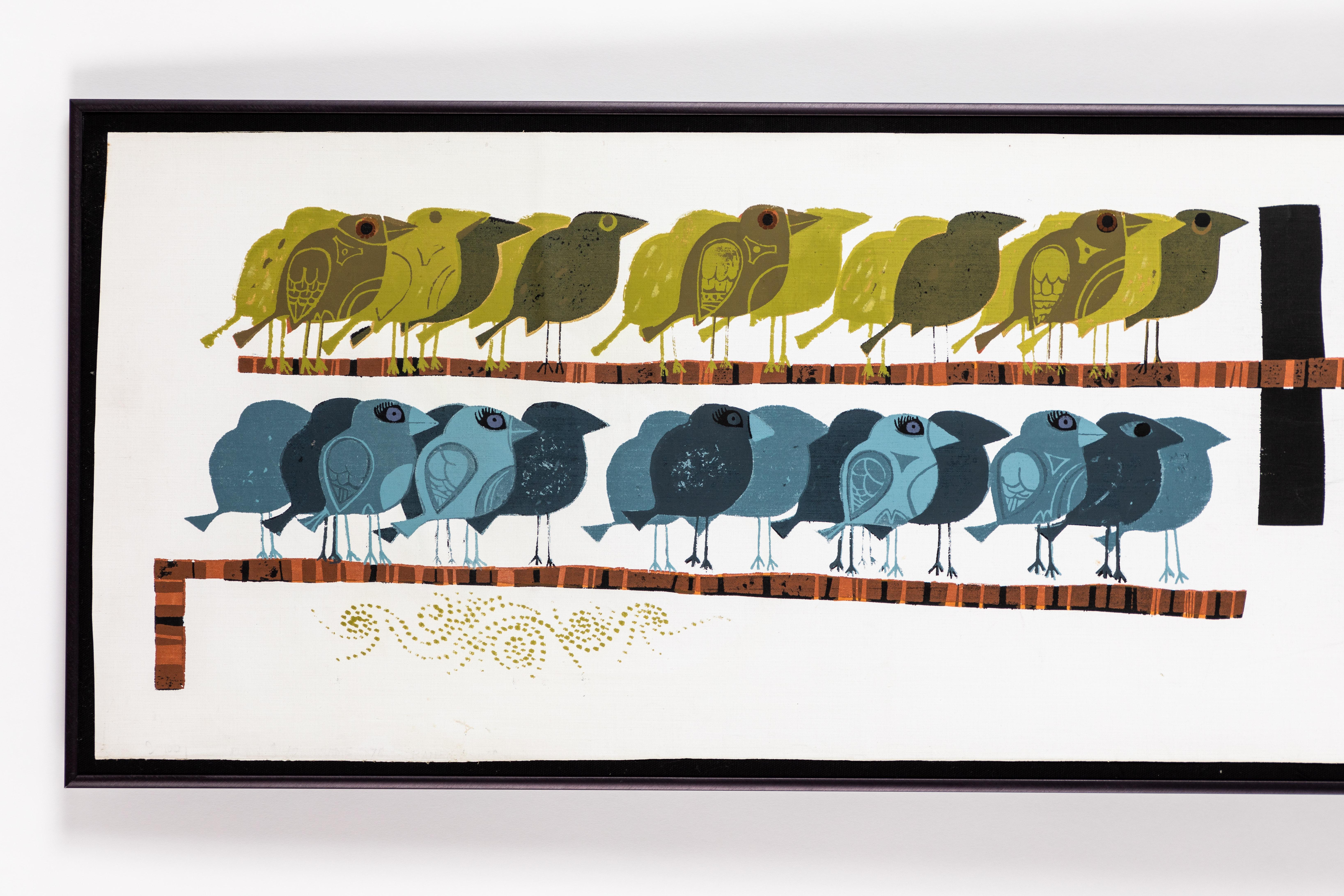 Large 1960s 'Family of Birds' signed handcrafted silkscreen by David Weidman. A vintage handmade silkscreen executed by the artist on cloth with silkscreened and hand written signatures, circa 1960s. Purchased directly from the artist (see photos