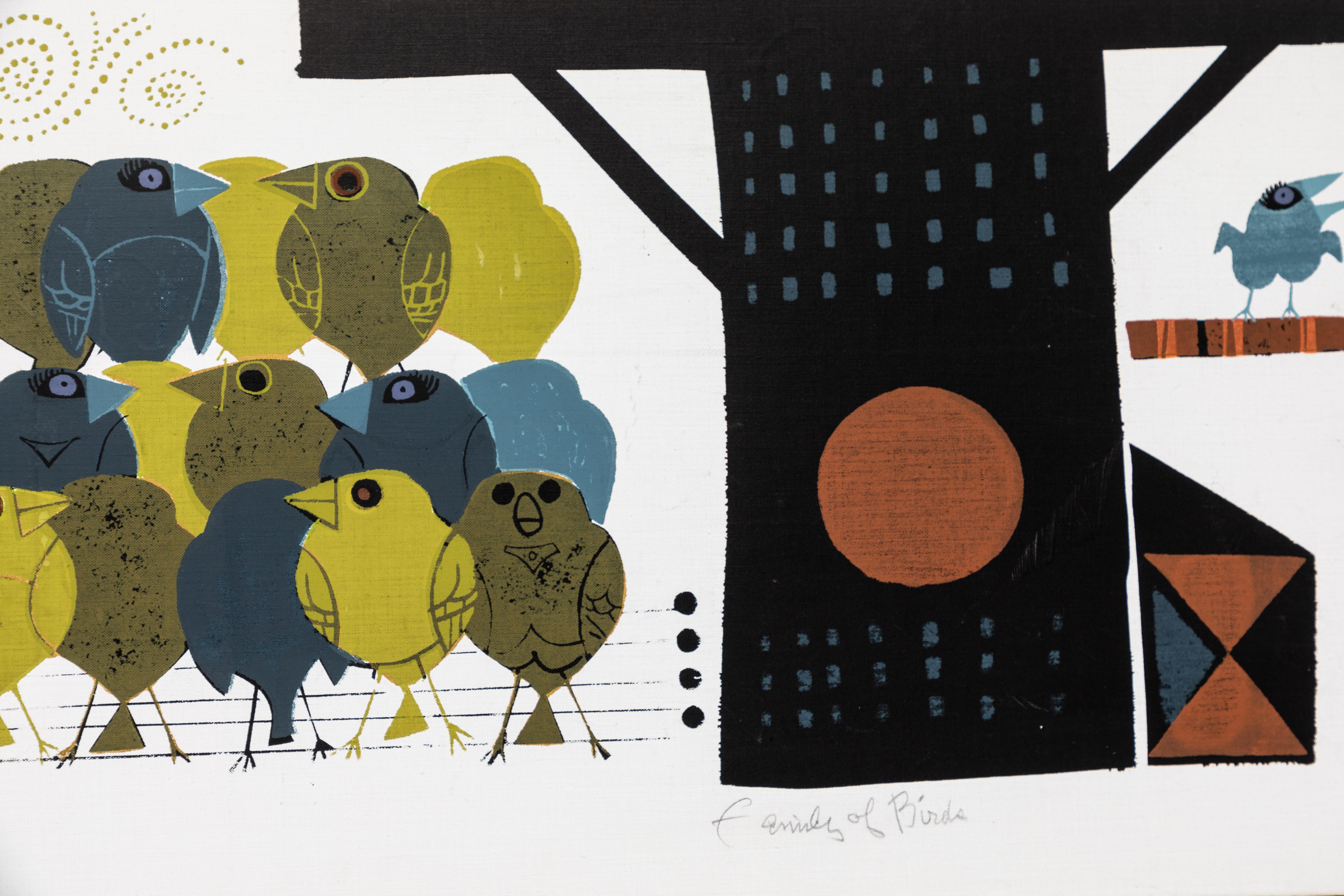 Mid-Century Modern Large 1960s 'Family of Birds' Signed Handcrafted Silkscreen by David Weidman