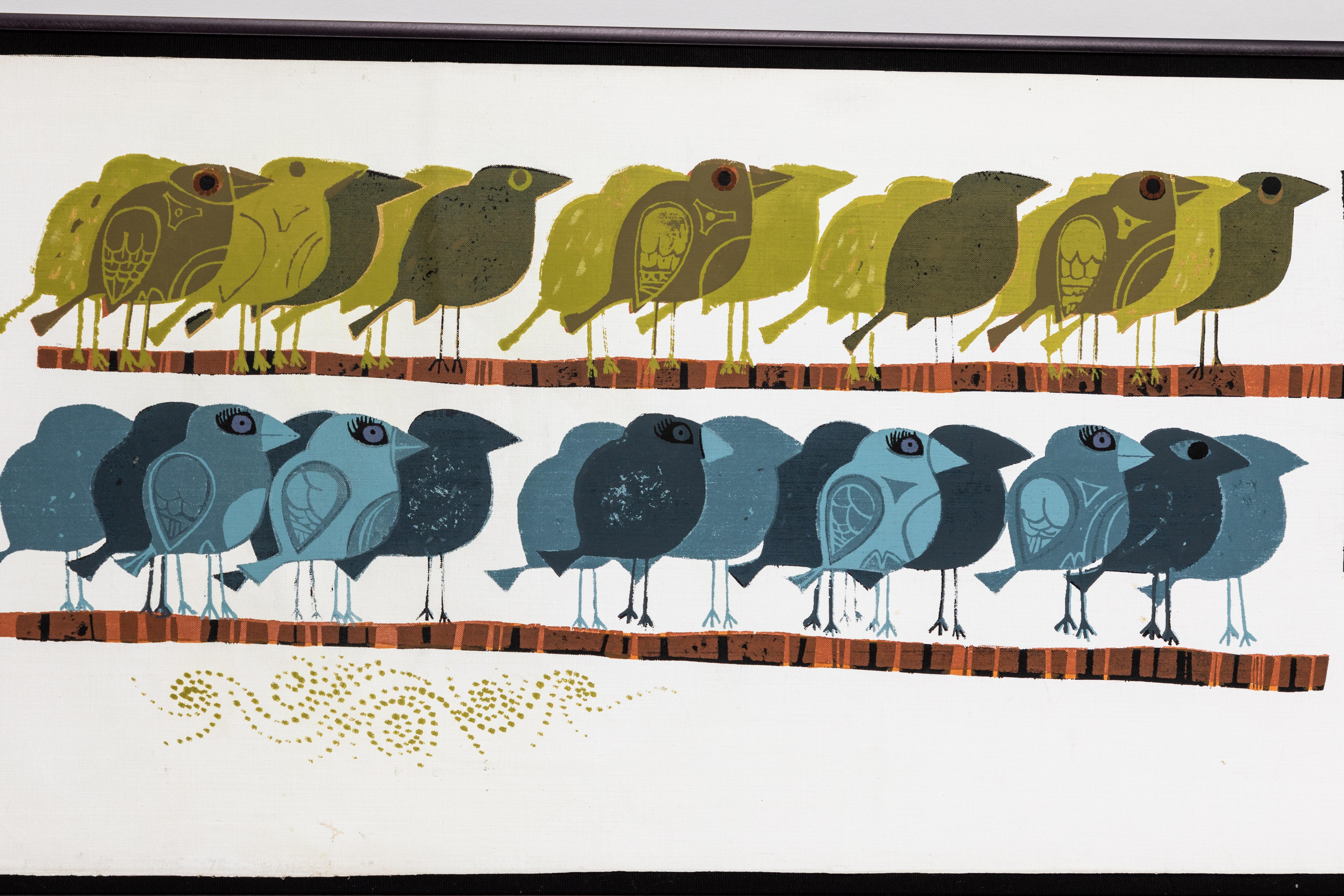 Large 1960s 'Family of Birds' Signed Handcrafted Silkscreen by David Weidman In Good Condition In Glendale, CA
