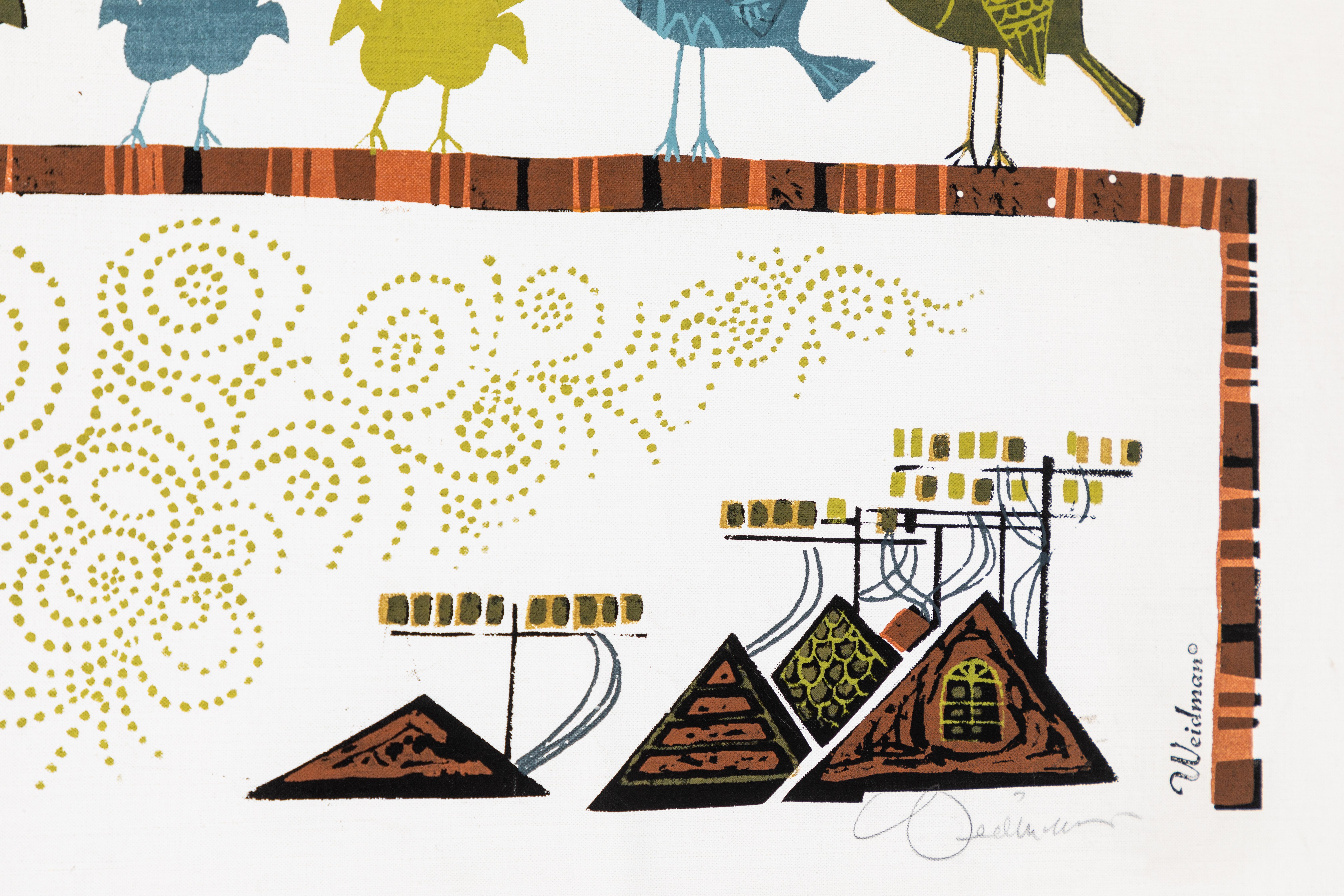 Mid-20th Century Large 1960s 'Family of Birds' Signed Handcrafted Silkscreen by David Weidman