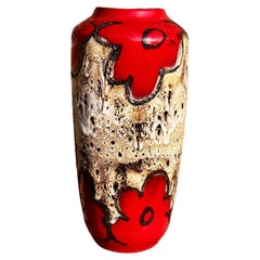 Large 1960s Fat Lava Vase in Red & Volcanic Glaze – Mid-Century Flowers pottery