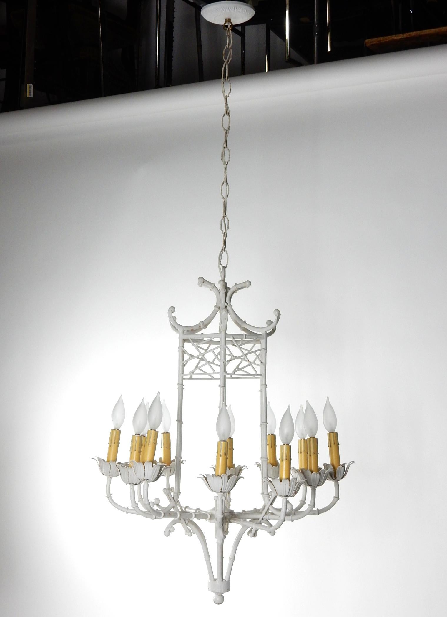 Hollywood Regency Large 1960s Faux Bamboo Pagoda Chandelier