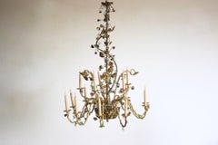 Large 1960s French Gilt Bronze Chandelier with Glass Leaf Decoration