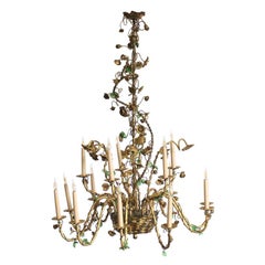 Large 1960s French Gilt Bronze Chandelier with Glass Leaf Decoration