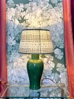 Large 1960s French Modernist Jade Green Chinoiserie Craquelé Glaze Ceramic Lamp