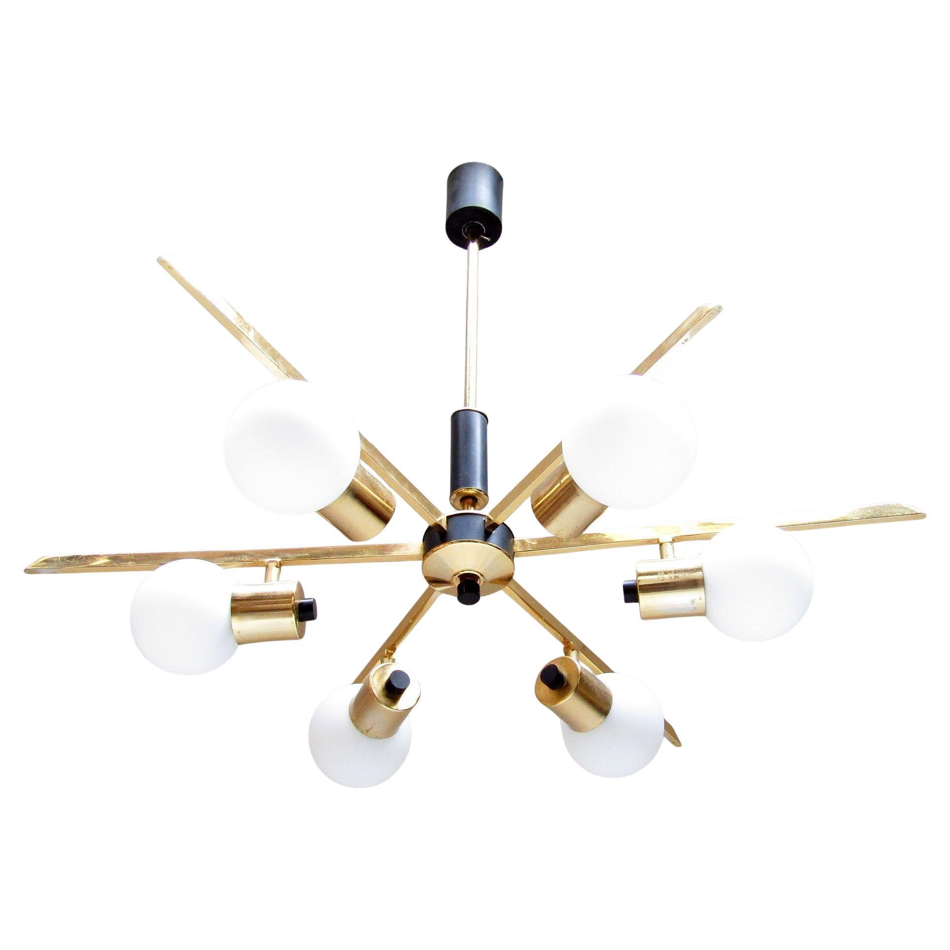 Large 1960s French Starburst Chandelier in Brass and Black by Maison Arlus For Sale