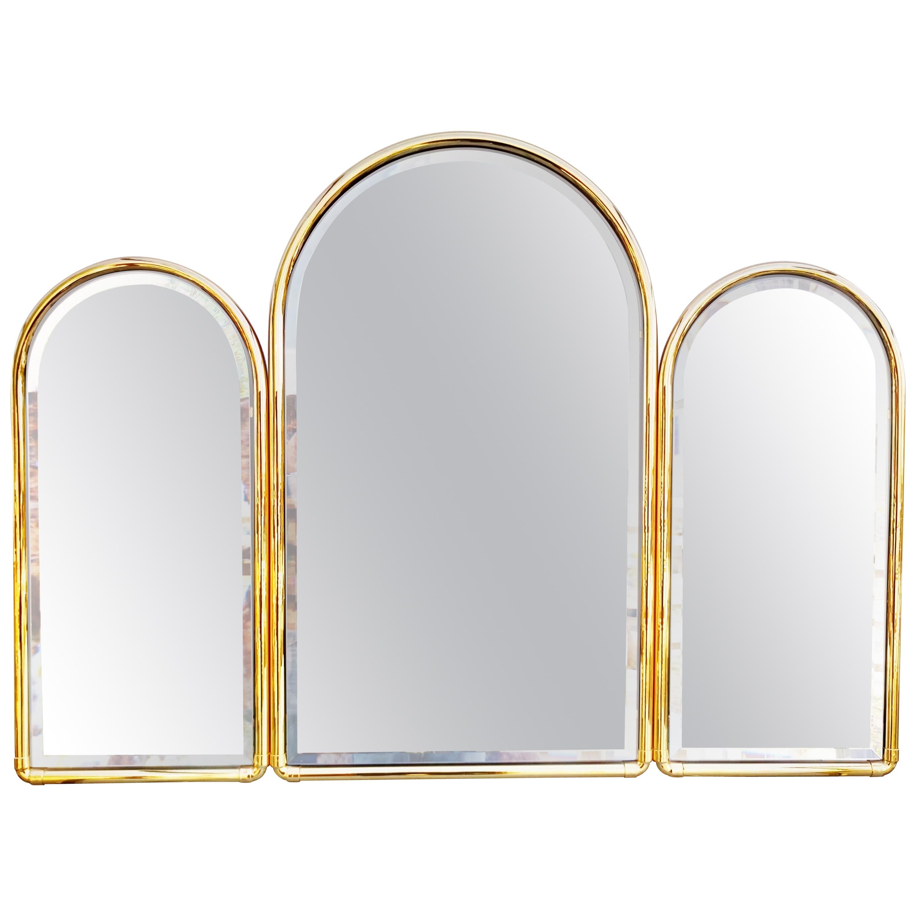 Large 1960s French Triptych Brass Mirror