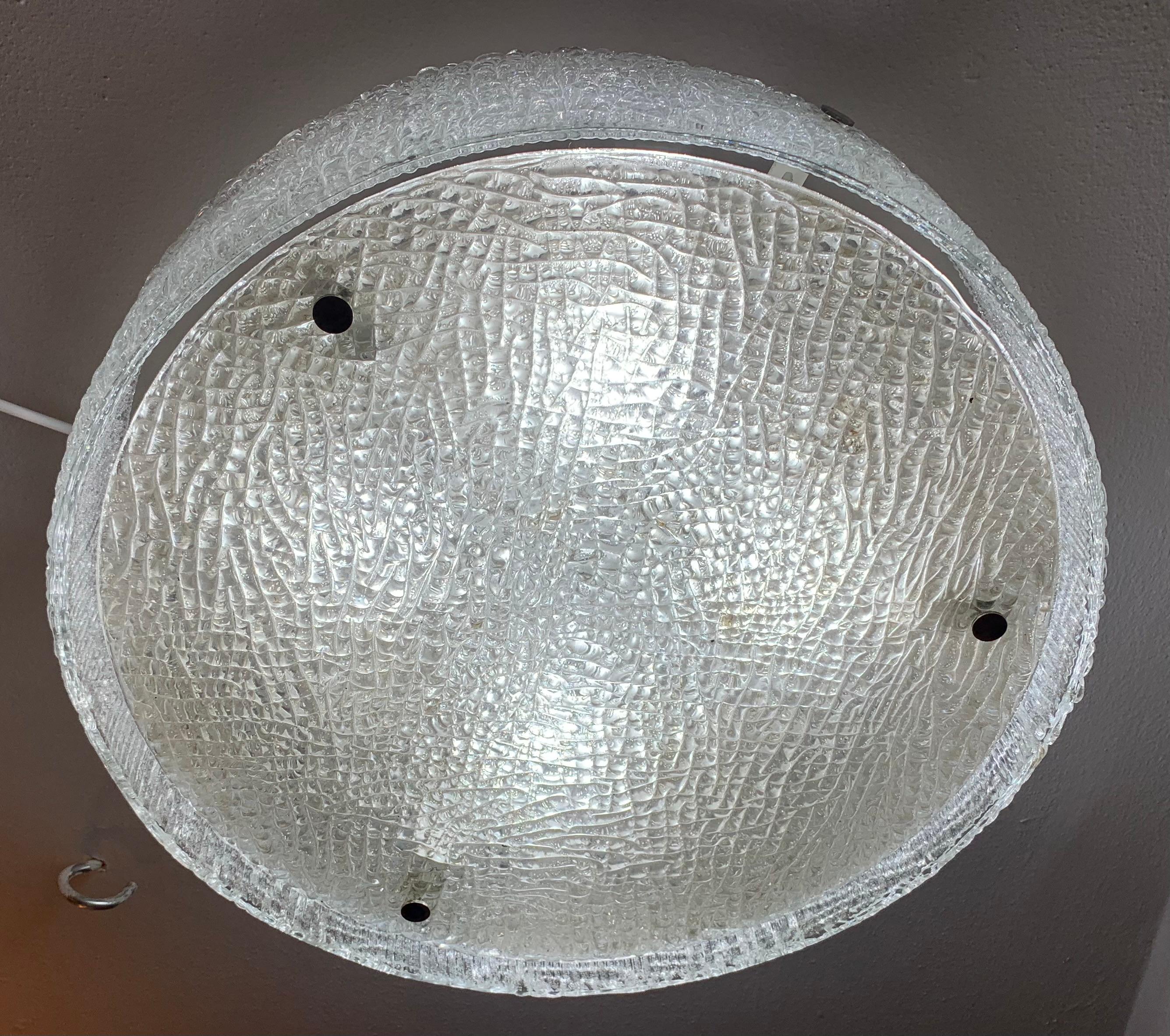 Metal Large 1960s German Kaiser Leuchten Textured Iced Glass Flush Mount Ceiling Light