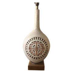 Large 1960s “Groovy” White Orange and Gold Ceramic Lamp on Wood Base