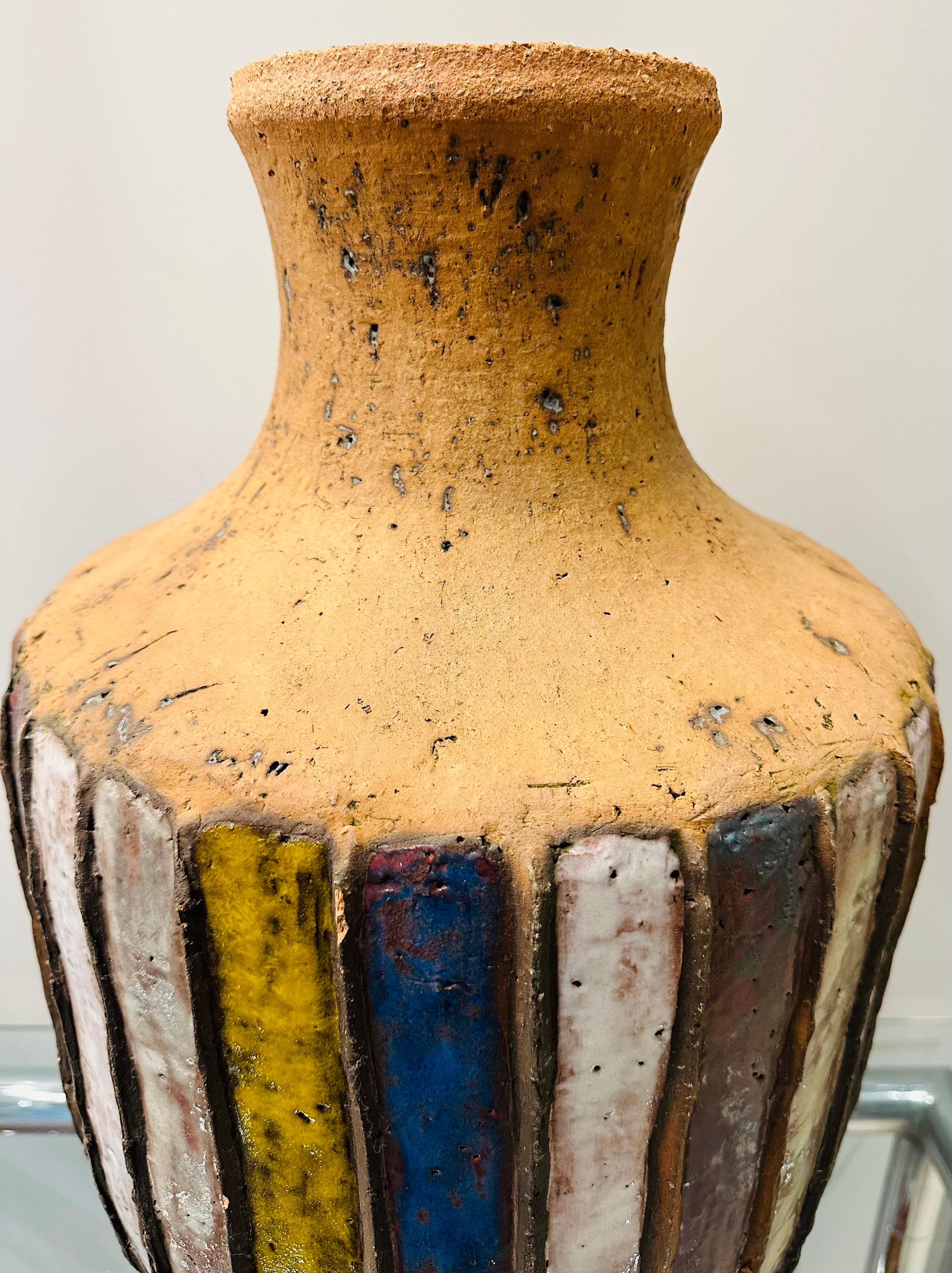 Large 1960s Handcrafted Italian Striped Glazed Pottery Earthenware Vase or Urn For Sale 5