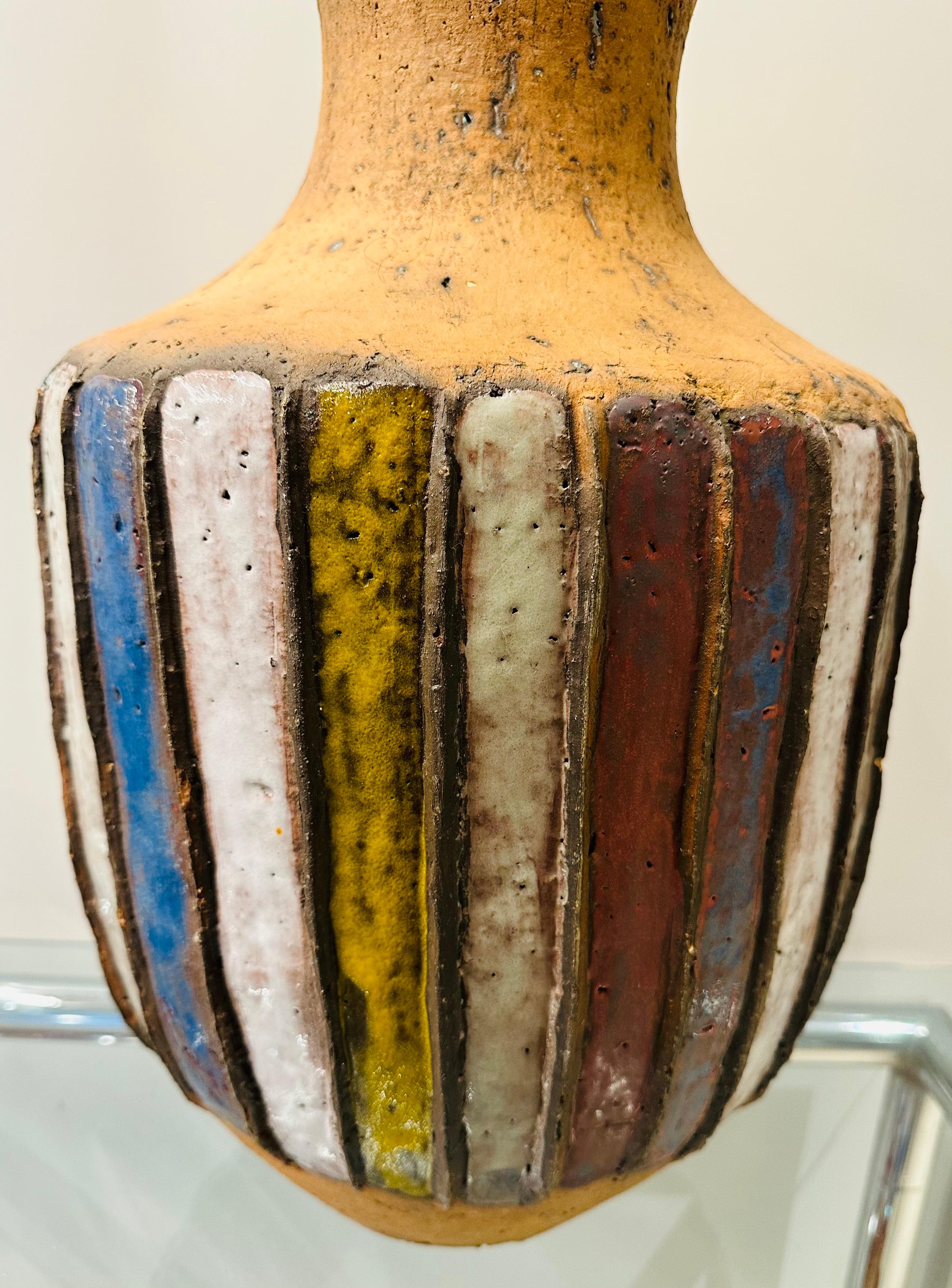 Large 1960s Handcrafted Italian Striped Glazed Pottery Earthenware Vase or Urn For Sale 1