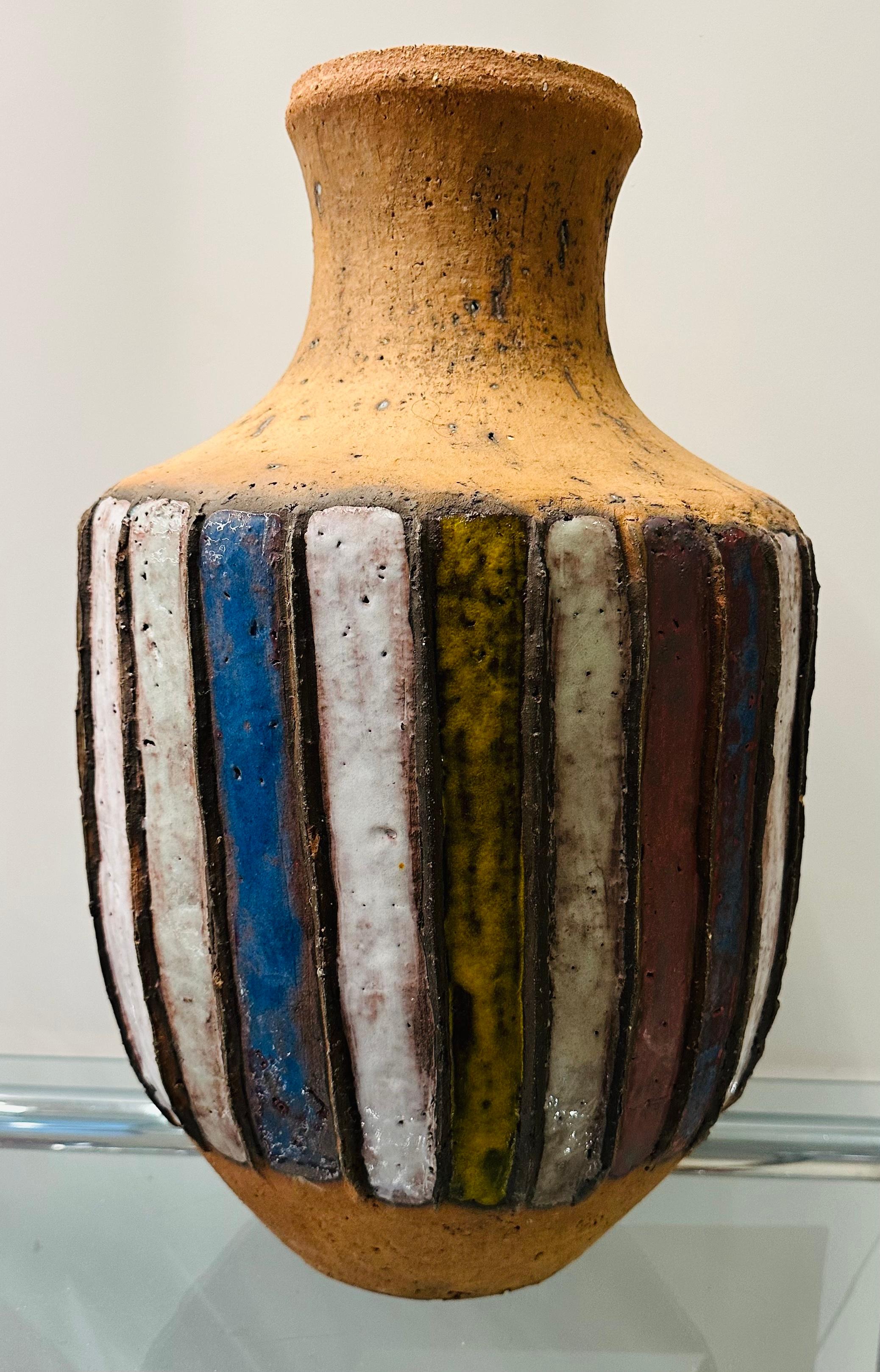 Rustic Large 1960s Handcrafted Italian Striped Glazed Pottery Earthenware Vase or Urn For Sale