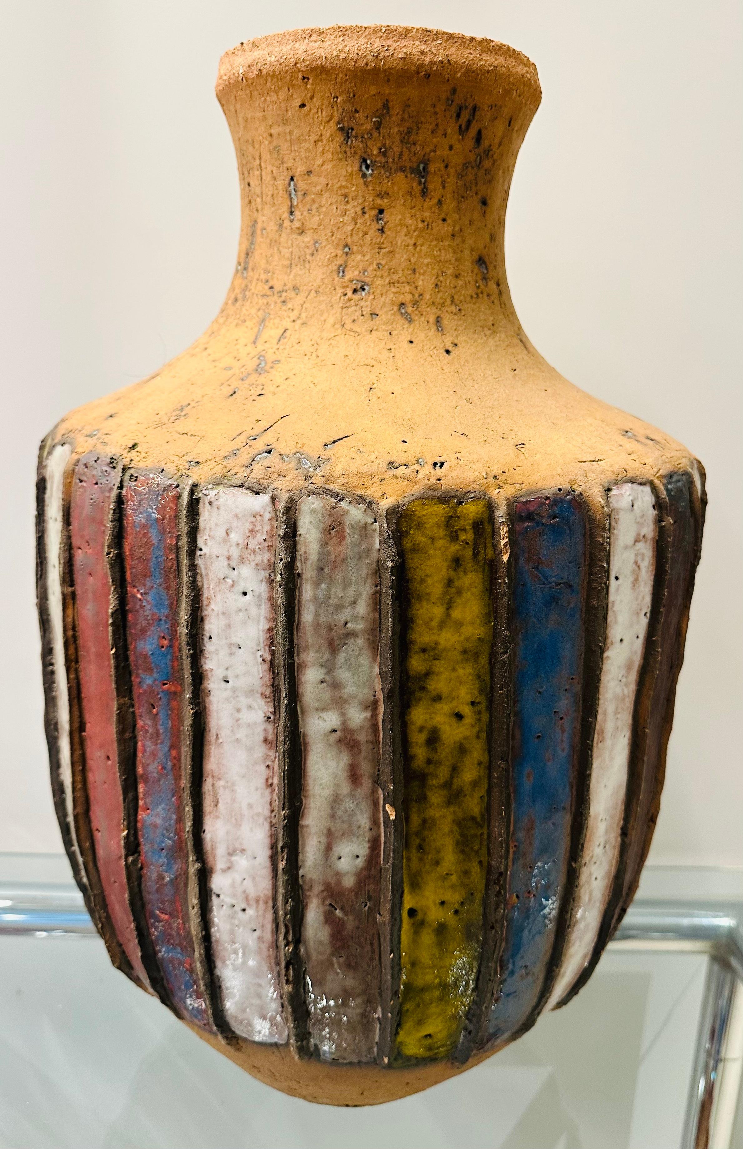Large 1960s Handcrafted Italian Striped Glazed Pottery Earthenware Vase or Urn In Good Condition For Sale In London, GB