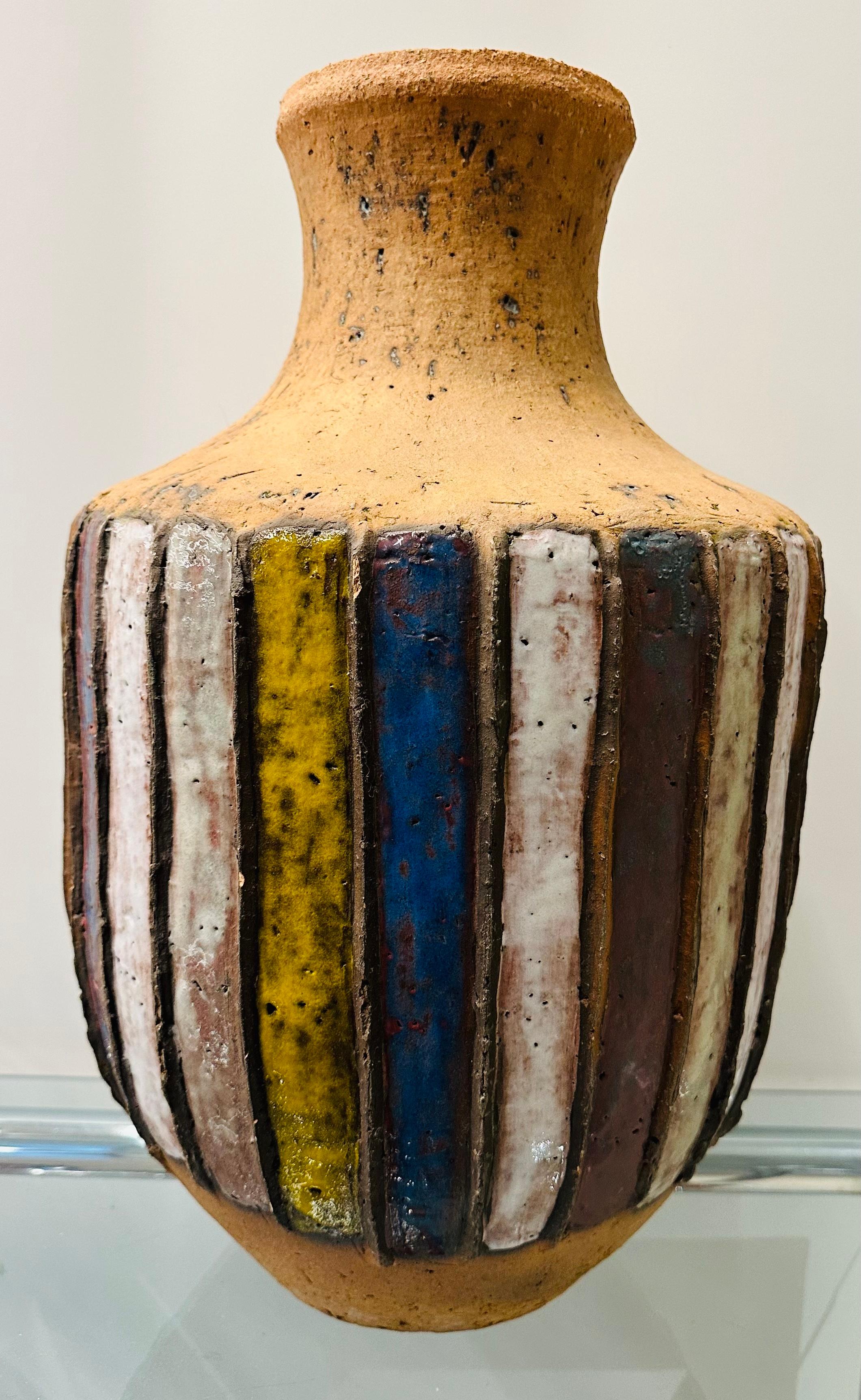 20th Century Large 1960s Handcrafted Italian Striped Glazed Pottery Earthenware Vase or Urn For Sale