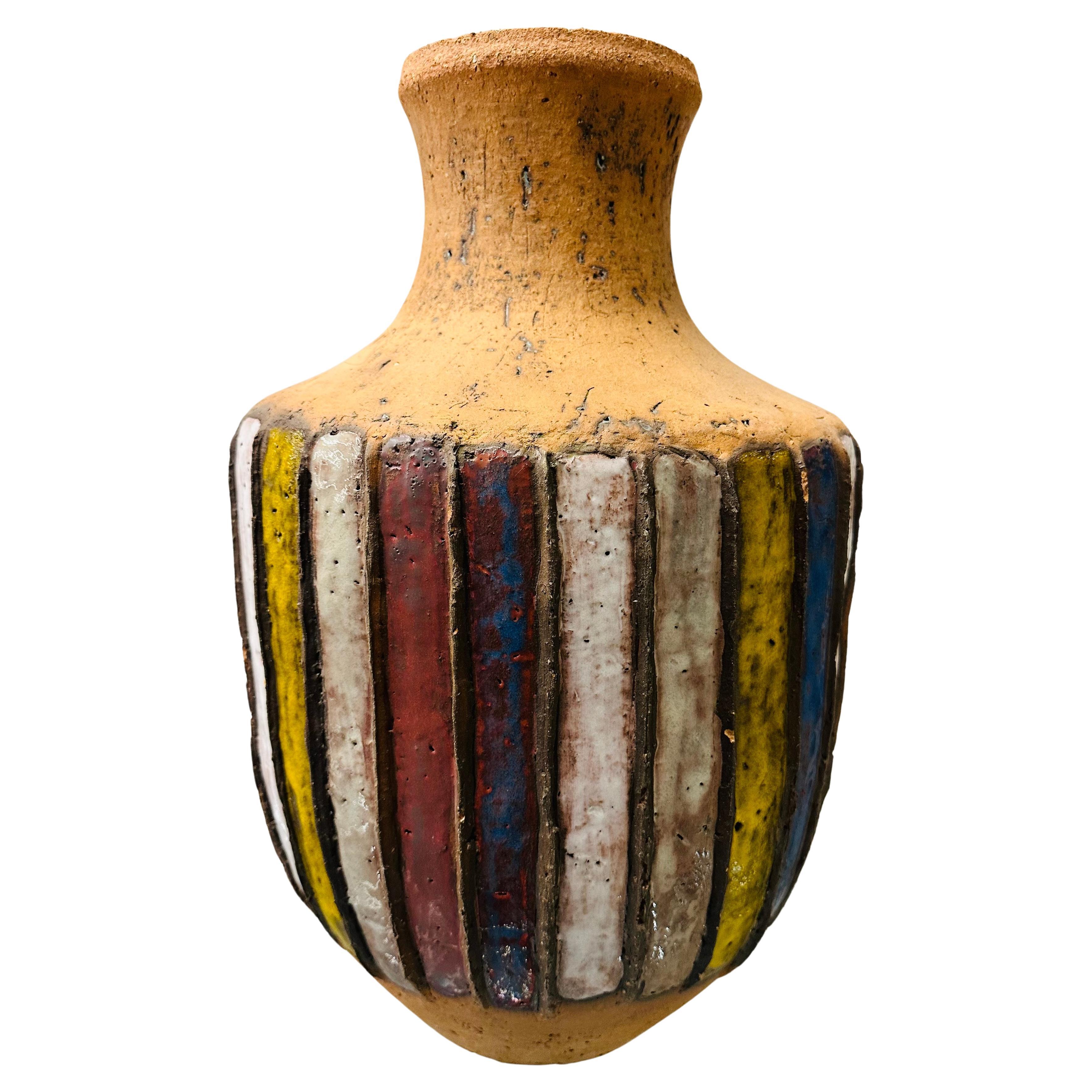 Large 1960s Handcrafted Italian Striped Glazed Pottery Earthenware Vase or Urn For Sale