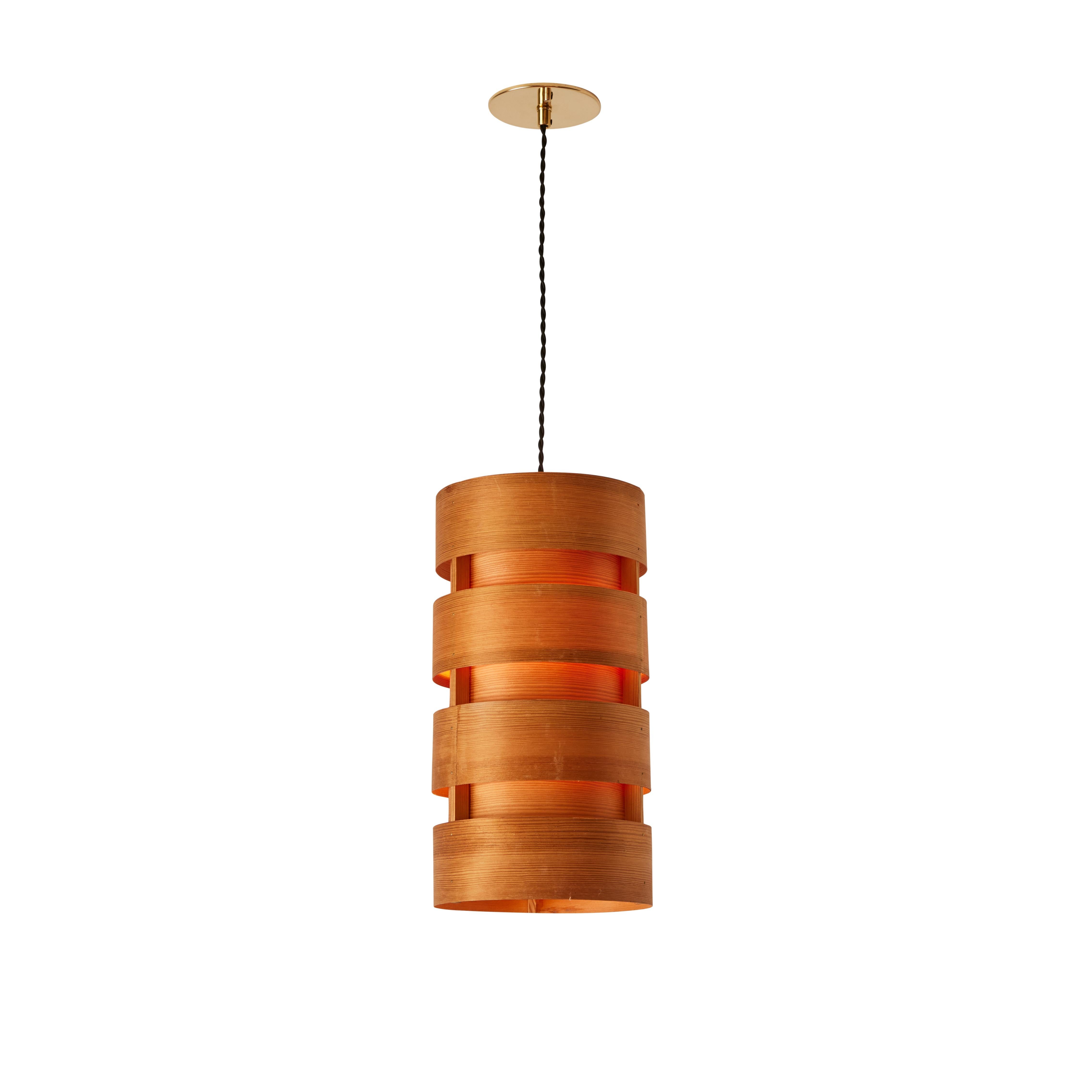 Large 1960s Hans-Agne Jakobsson Cylindrical Bentwood Pendant for AB Ellysett. Designed and produced by Jakobsson in Markaryd, Sweden and executed in thin bentwood with custom cloth cord and thick polished brass canopies for US electrical. A uniquely