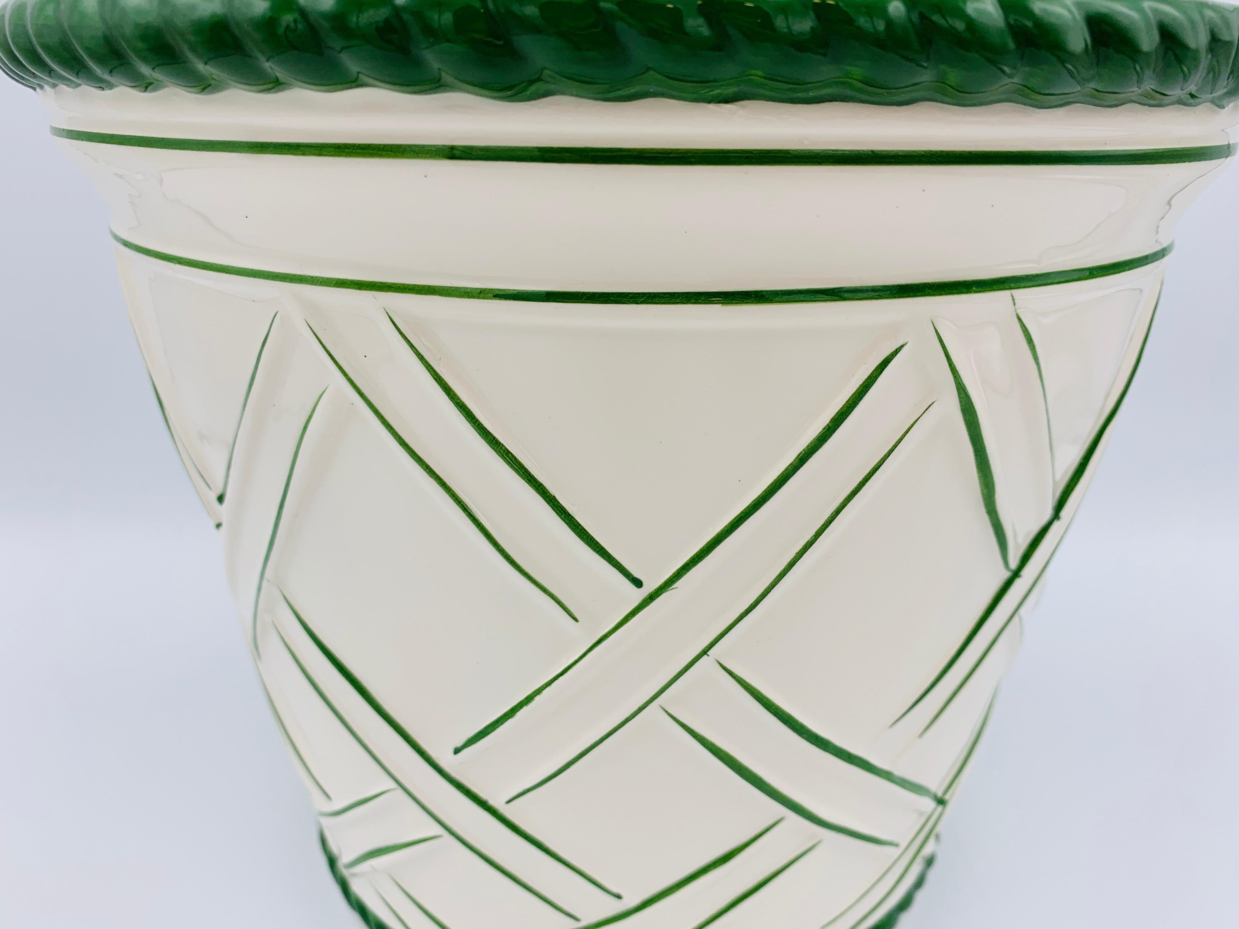 Glazed Large 1960s Italian Green and White Ceramic Lattice Motif Cachepot For Sale