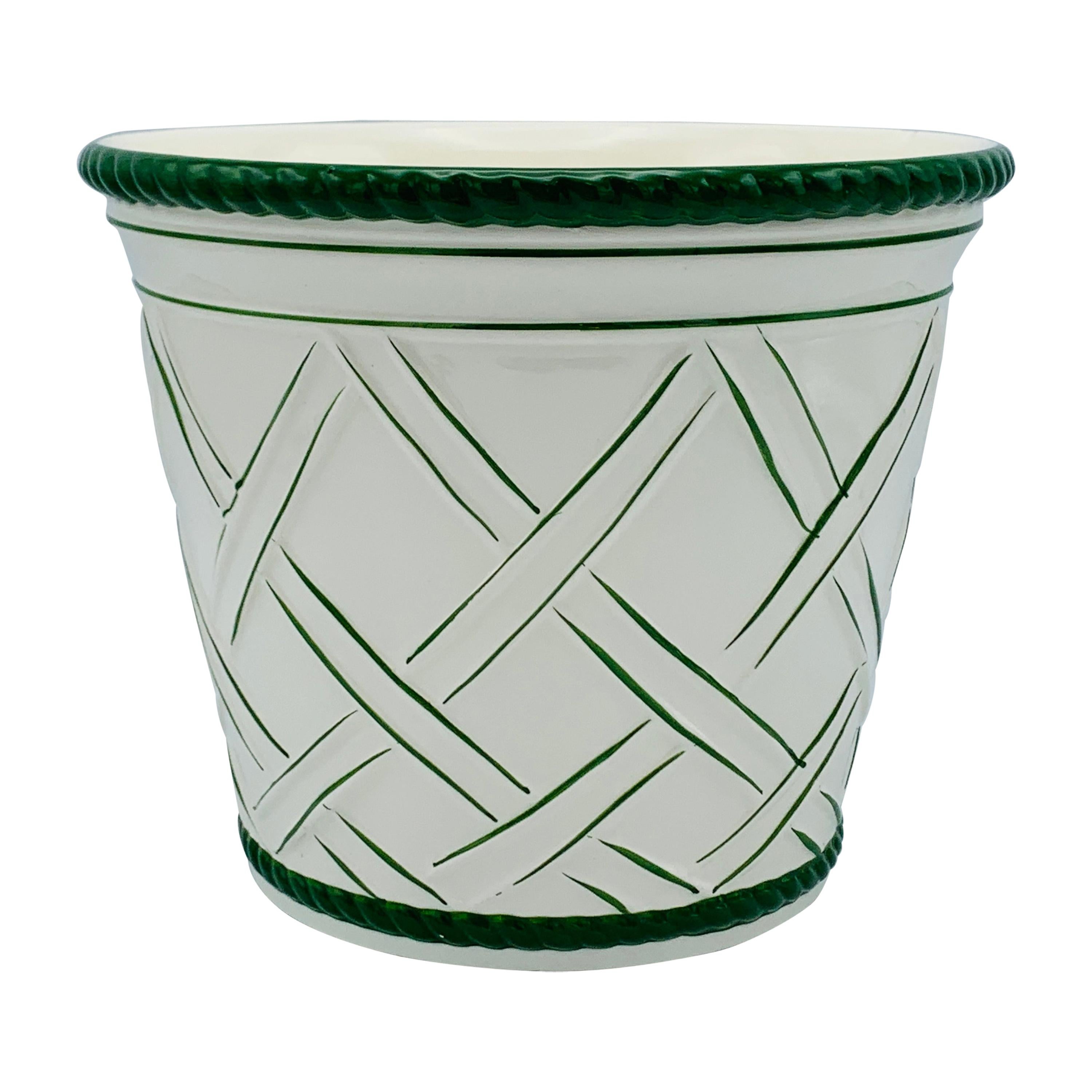 Large 1960s Italian Green and White Ceramic Lattice Motif Cachepot For Sale