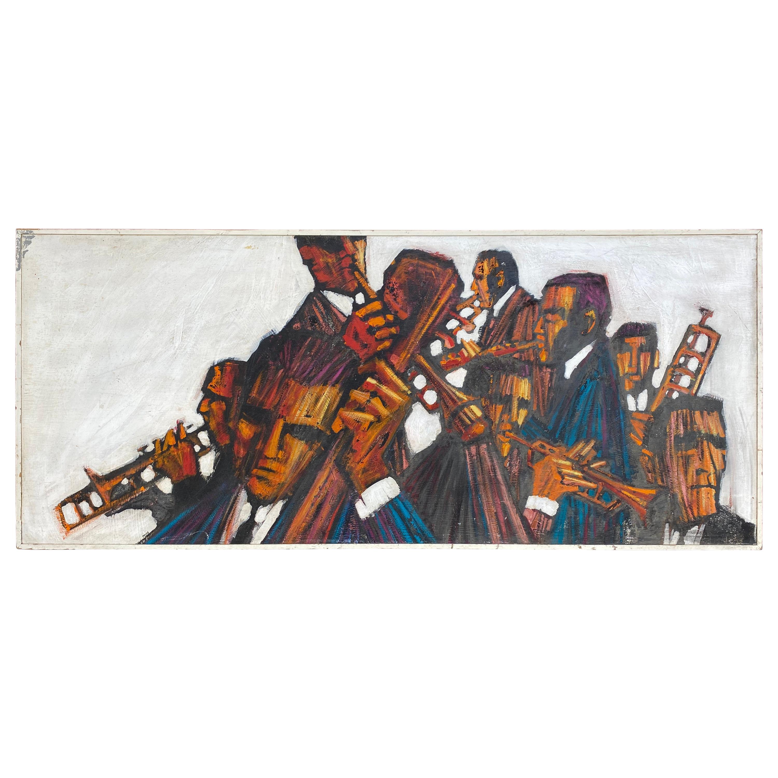 Large 1960s "Jazz" Painting, Oil on Wood, Musicians, Signed Mahoney