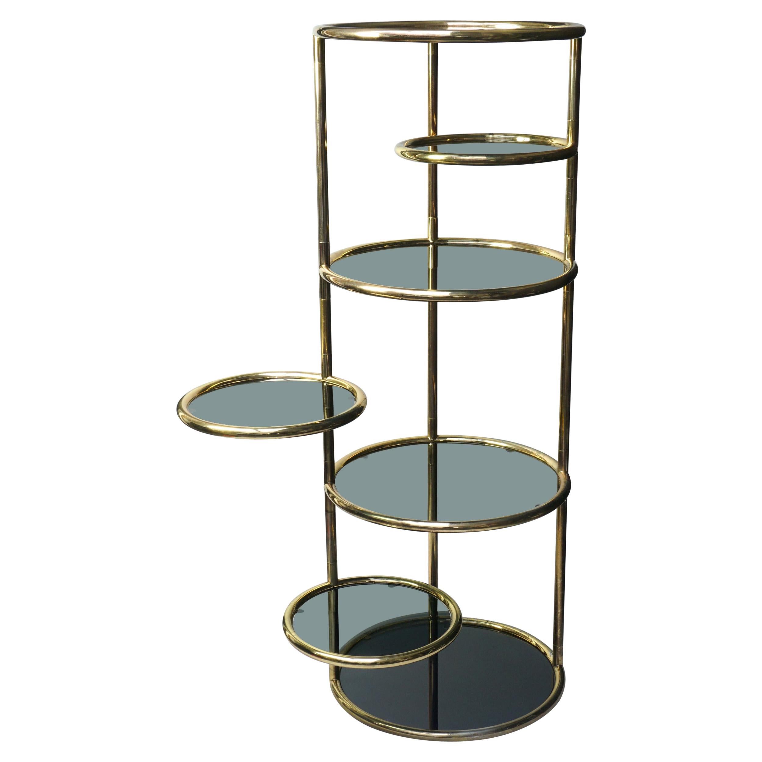Large 1960s Milo Baughman Style Seven Tiered Brass Smoked Glass Swivel �Étagère