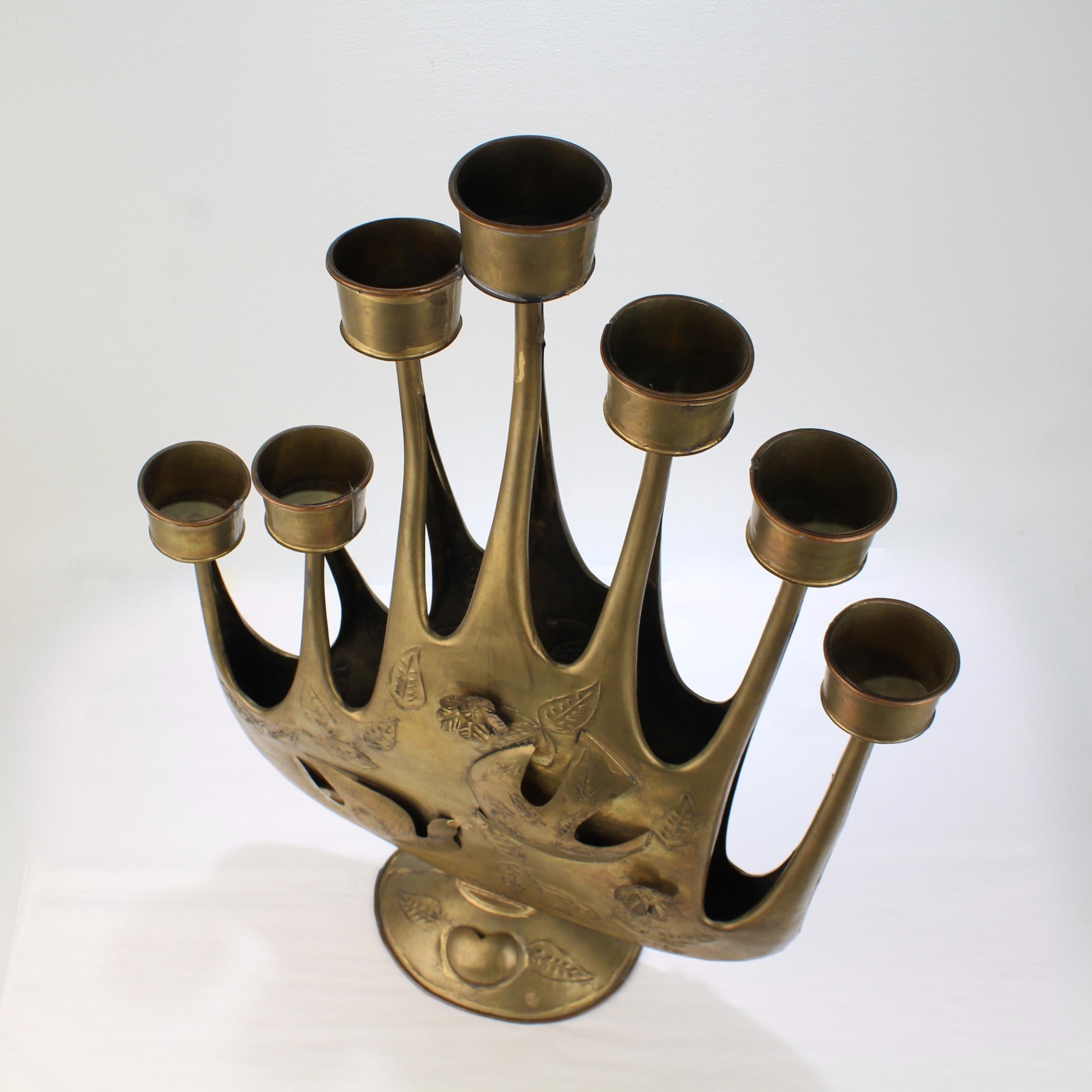 Large 1960s Modernist Seven Light Brass-Plated Tin Candelabrum by Gene Byron 4