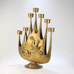 Large 1960s Modernist Seven Light Brass-Plated Tin Candelabrum by Gene Byron