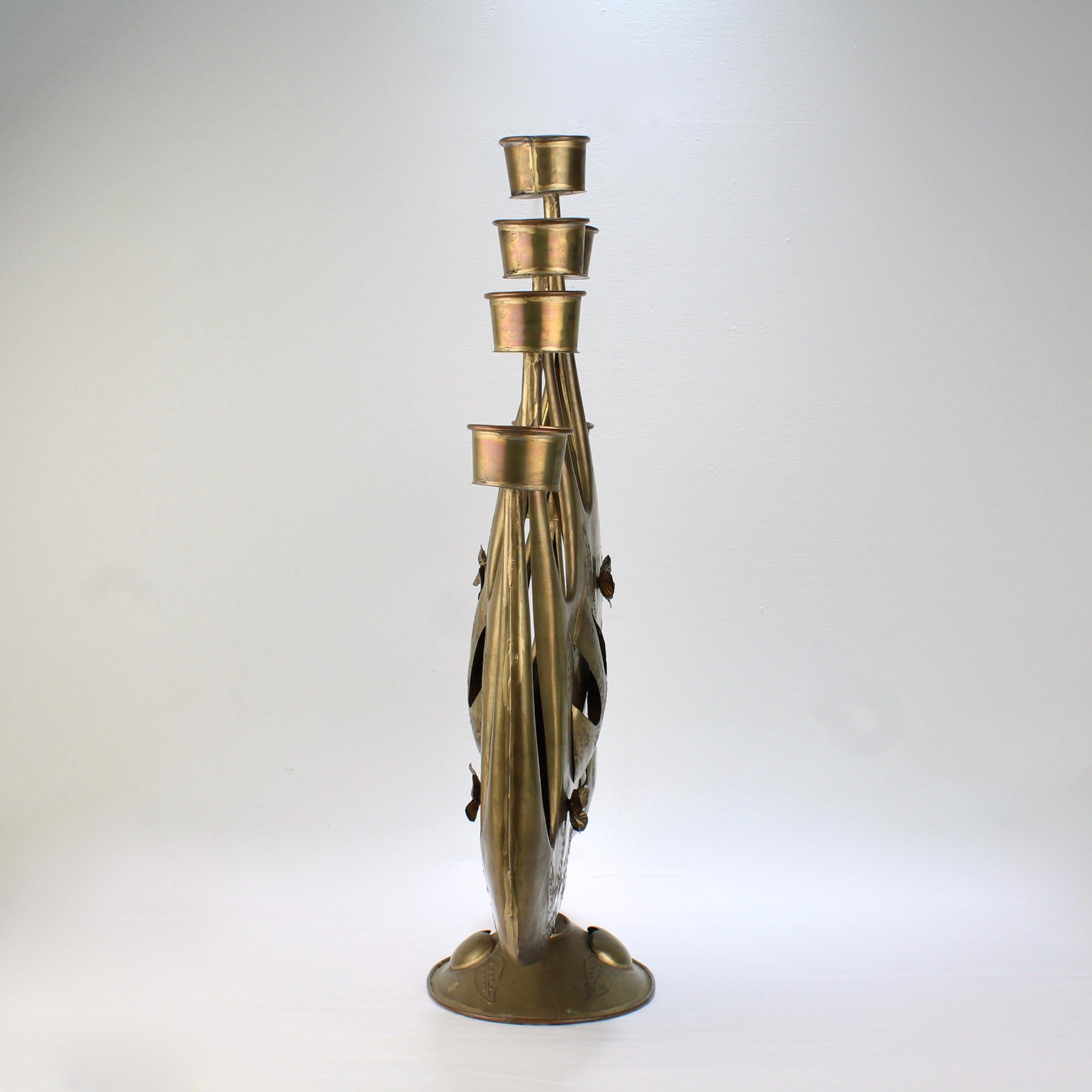 Mid-Century Modern Large 1960s Modernist Seven Light Brass-Plated Tin Candelabrum by Gene Byron