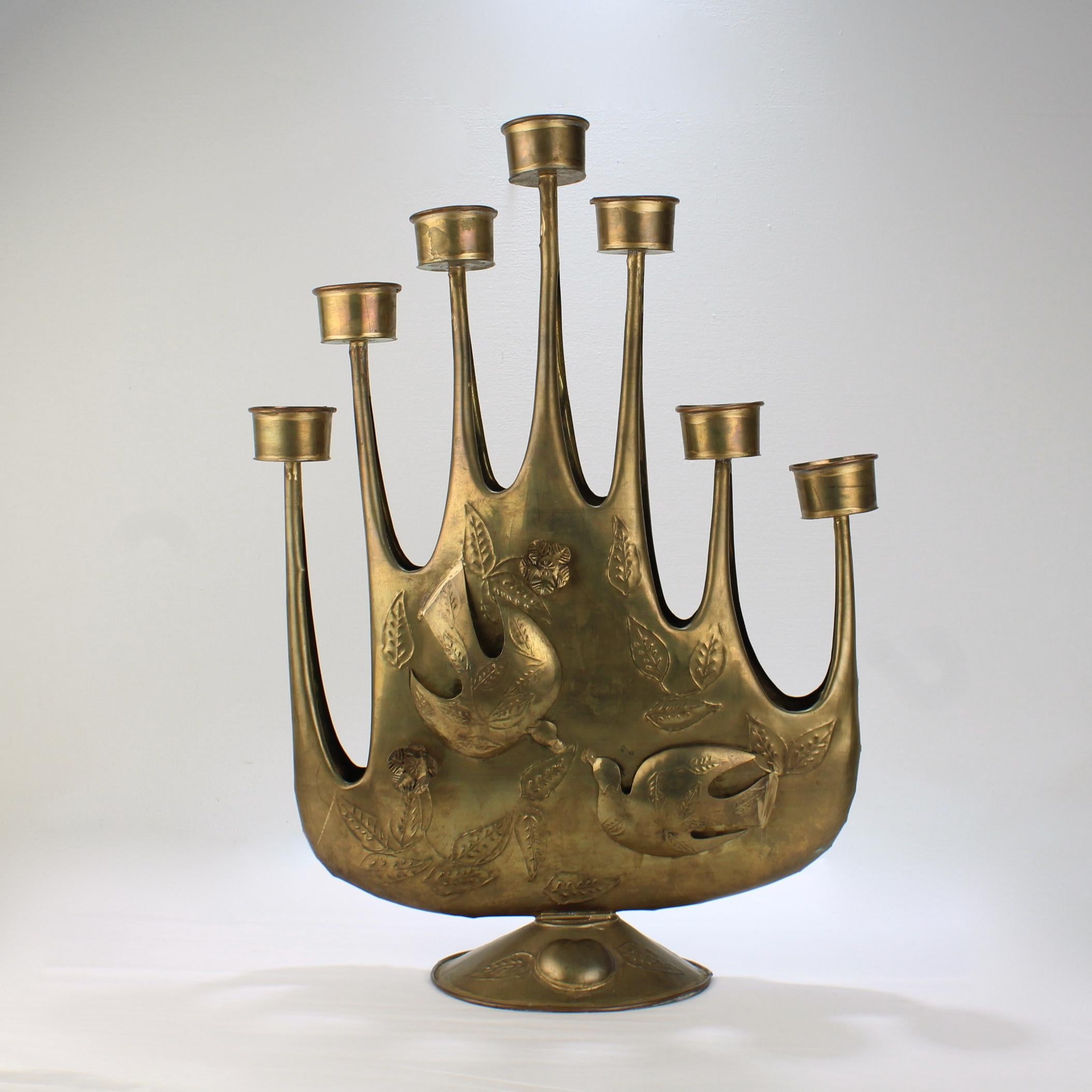 Mexican Large 1960s Modernist Seven Light Brass-Plated Tin Candelabrum by Gene Byron