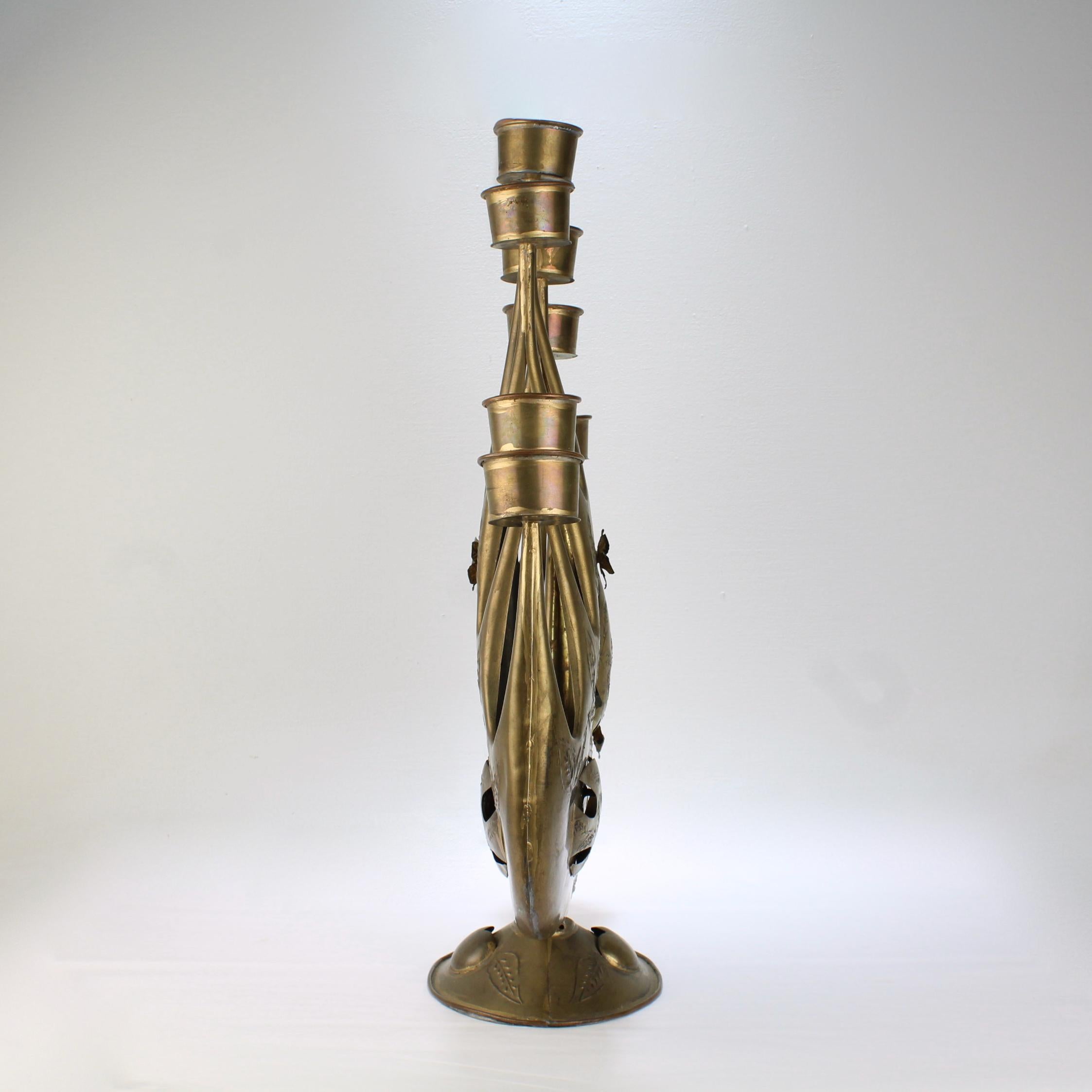 Large 1960s Modernist Seven Light Brass-Plated Tin Candelabrum by Gene Byron In Good Condition In Philadelphia, PA