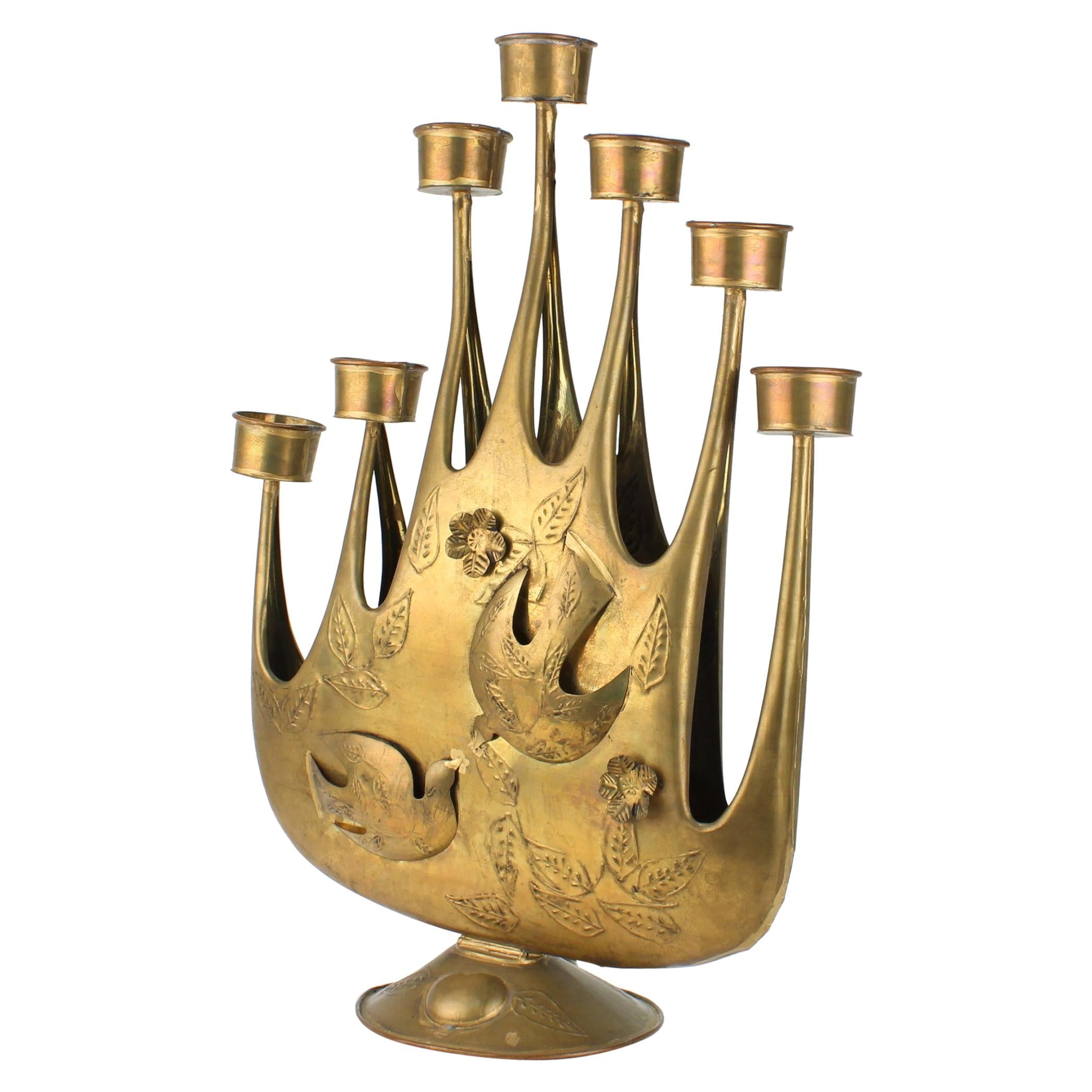 Large 1960s Modernist Seven Light Brass-Plated Tin Candelabrum by Gene Byron