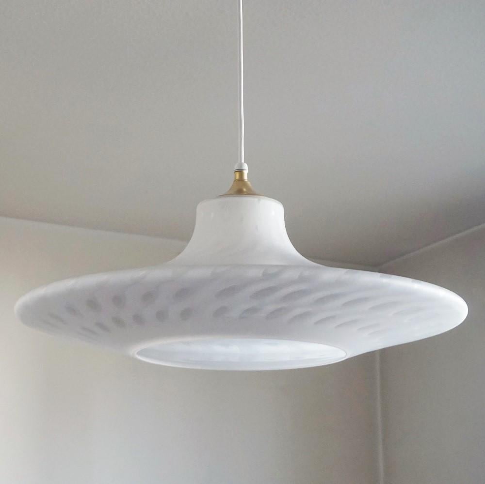 A rare large Murano glass flush mount or pendant by Peill & Putzler, Germany, 1960-1969. Elegant design in the manner of Stilnovo, white glass with beautiful inclusions, impressive light effects. Brass-mounted, original manufacturer's labels,