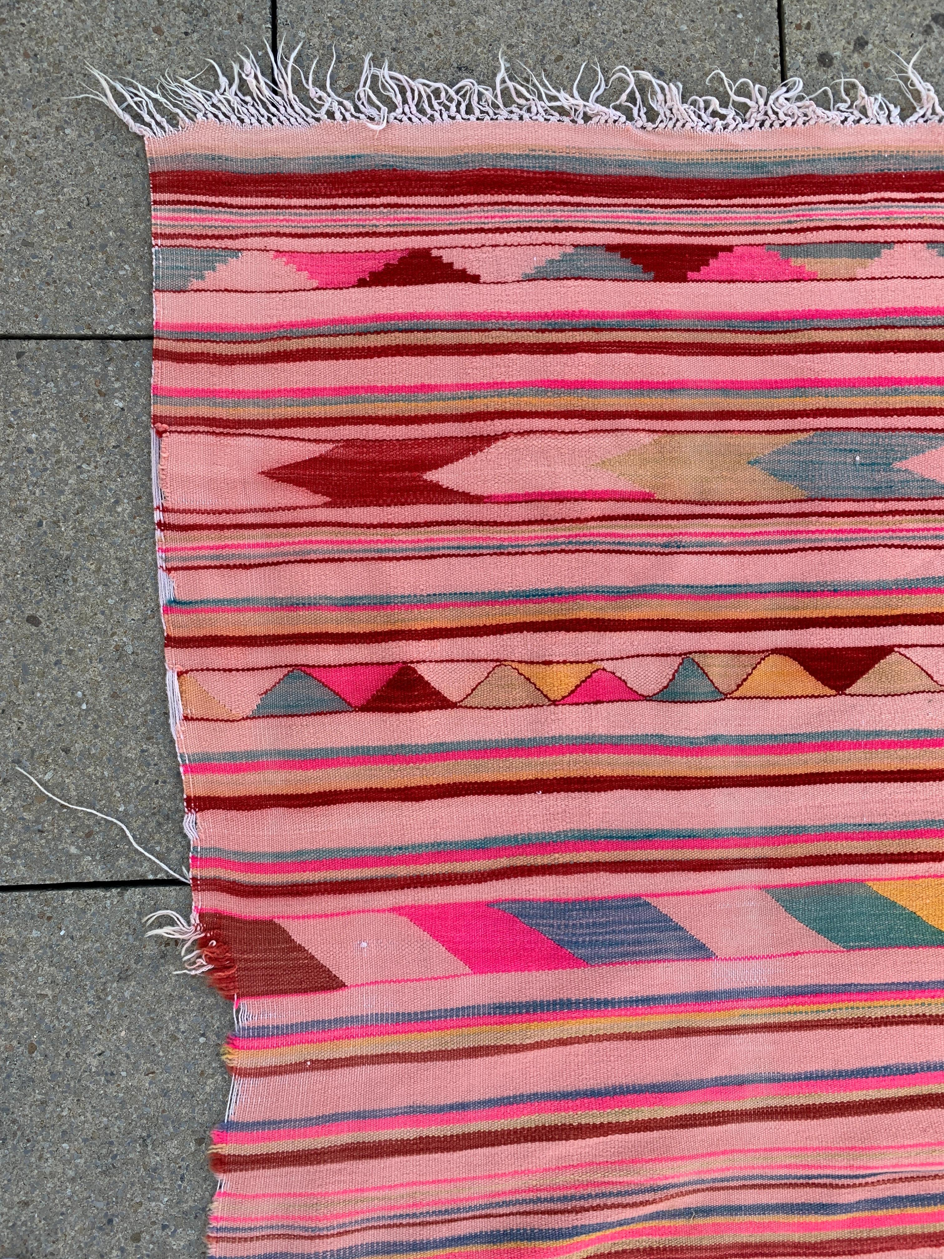 Mid-20th Century Large 1960s Pink Stripped Rug Handmade Vintage Algerian Geometrical 162x369cm For Sale