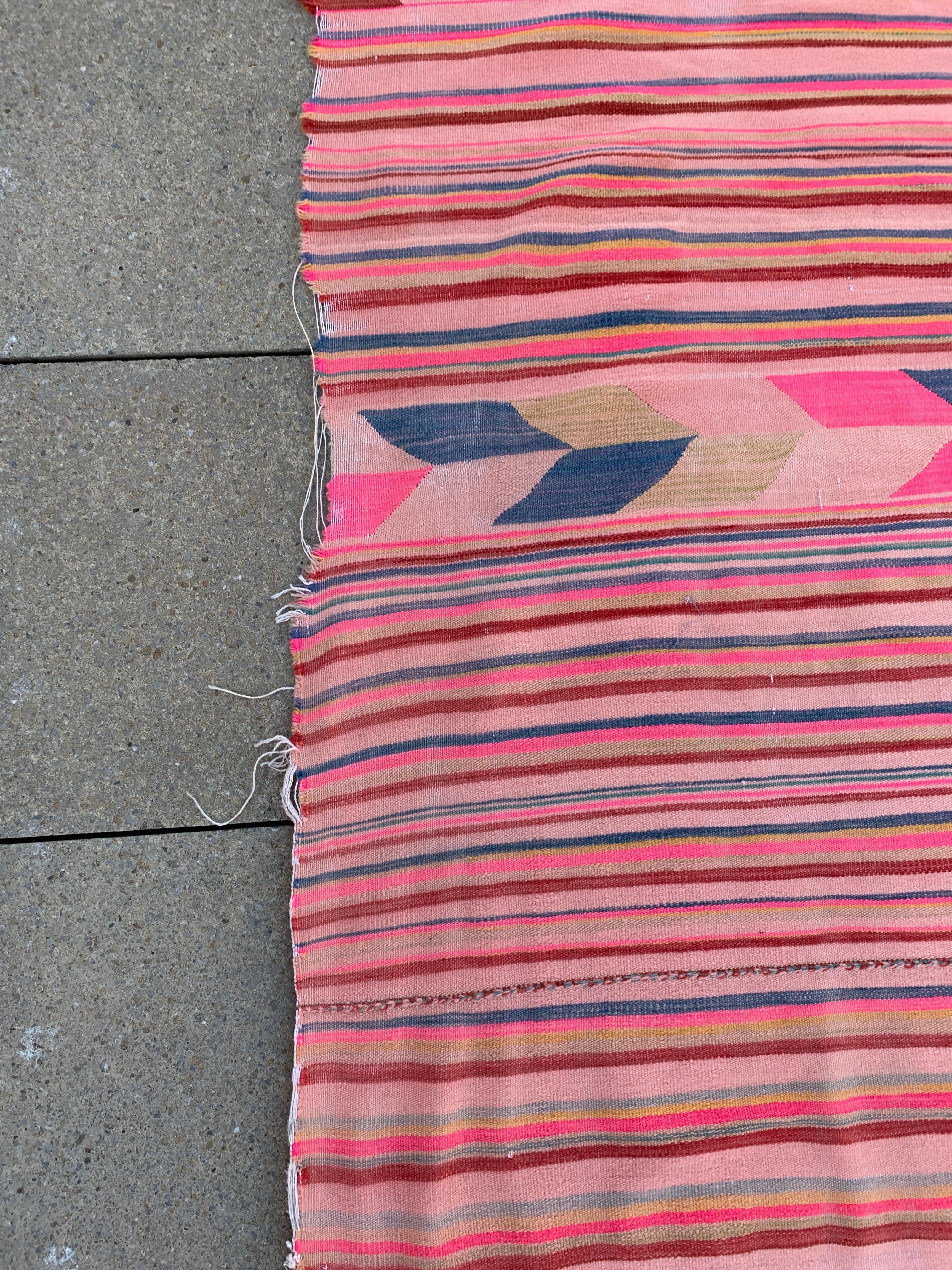 Wool Large 1960s Pink Stripped Rug Handmade Vintage Algerian Geometrical 162x369cm For Sale