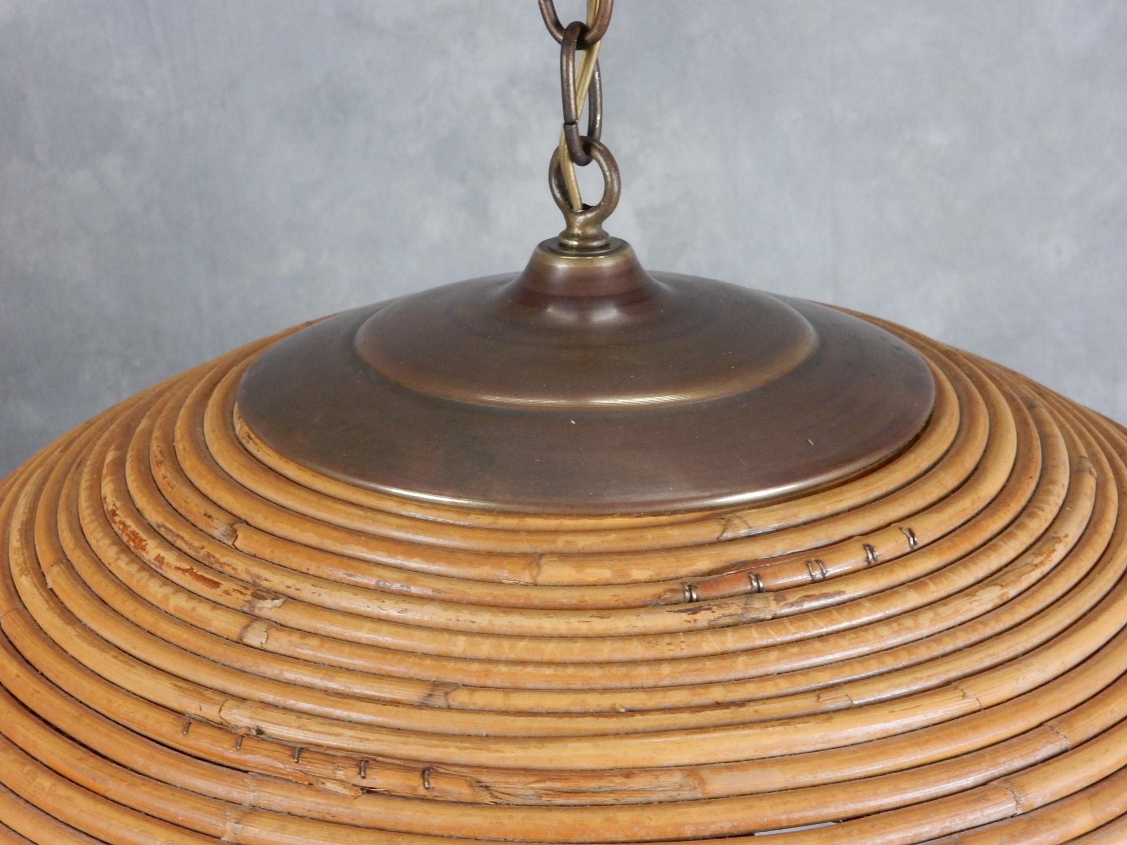 Mid-Century Modern Huge 1960's Rattan Bamboo & Brass Dome Pendant Chandelier  For Sale