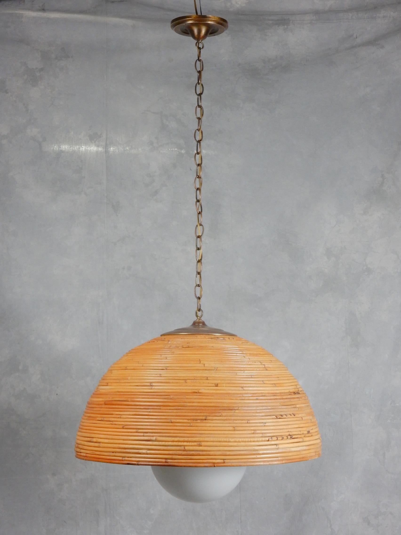 Huge 1960's Rattan Bamboo & Brass Dome Pendant Chandelier  In Good Condition For Sale In Las Vegas, NV