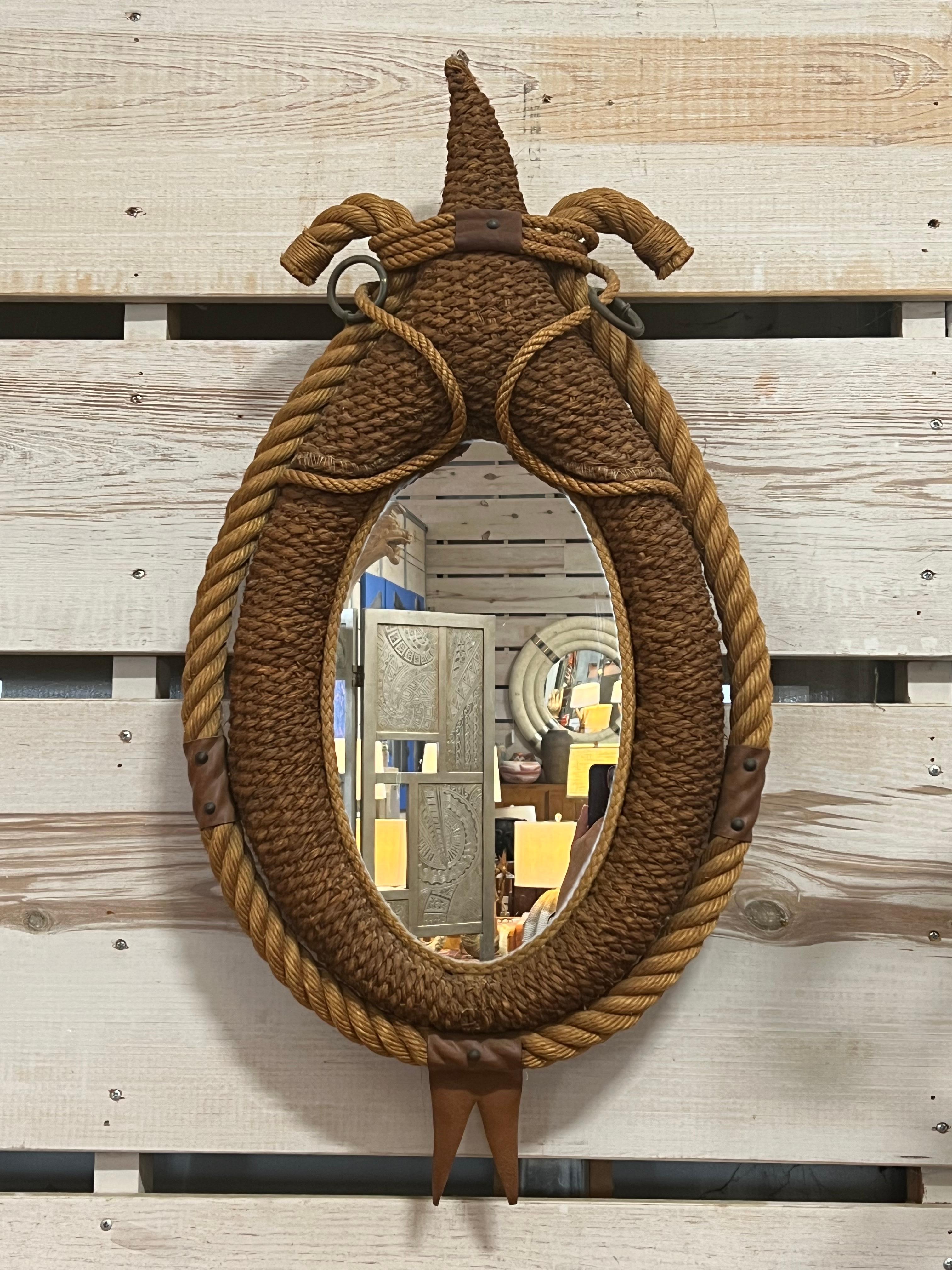 Large handmade Midcentury rope and leather mirror by Adrien Audoux and Frida Minet. 