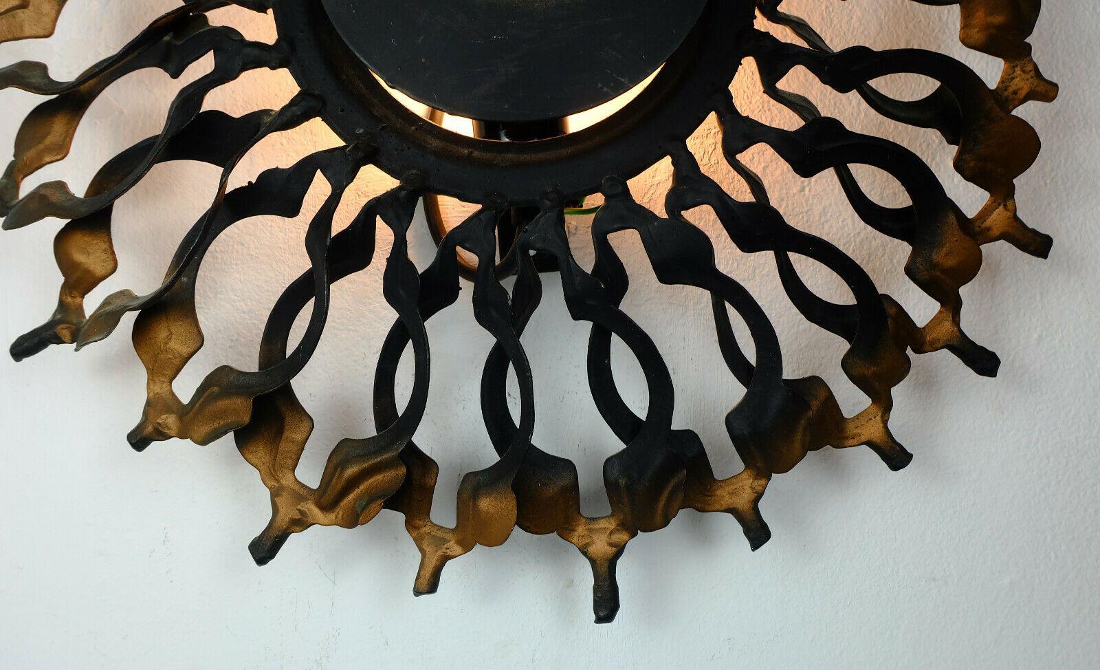Wrought Iron Large 1960s Sconce Midcentury Sunburst Brutalist Black Iron and Copper Colored For Sale