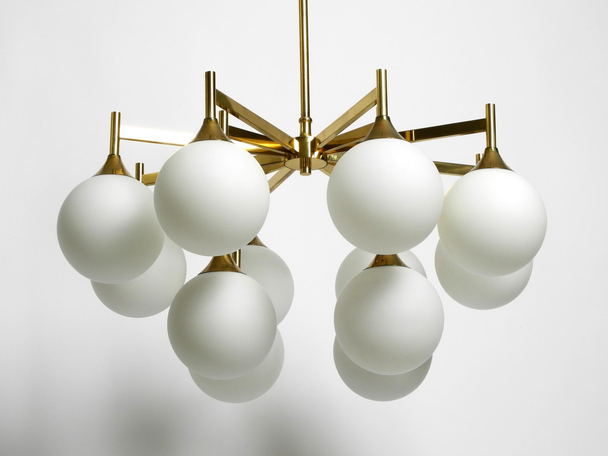 Large 1960s Space Age Kaiser brass ceiling lamp with 12 white glass balls For Sale 2