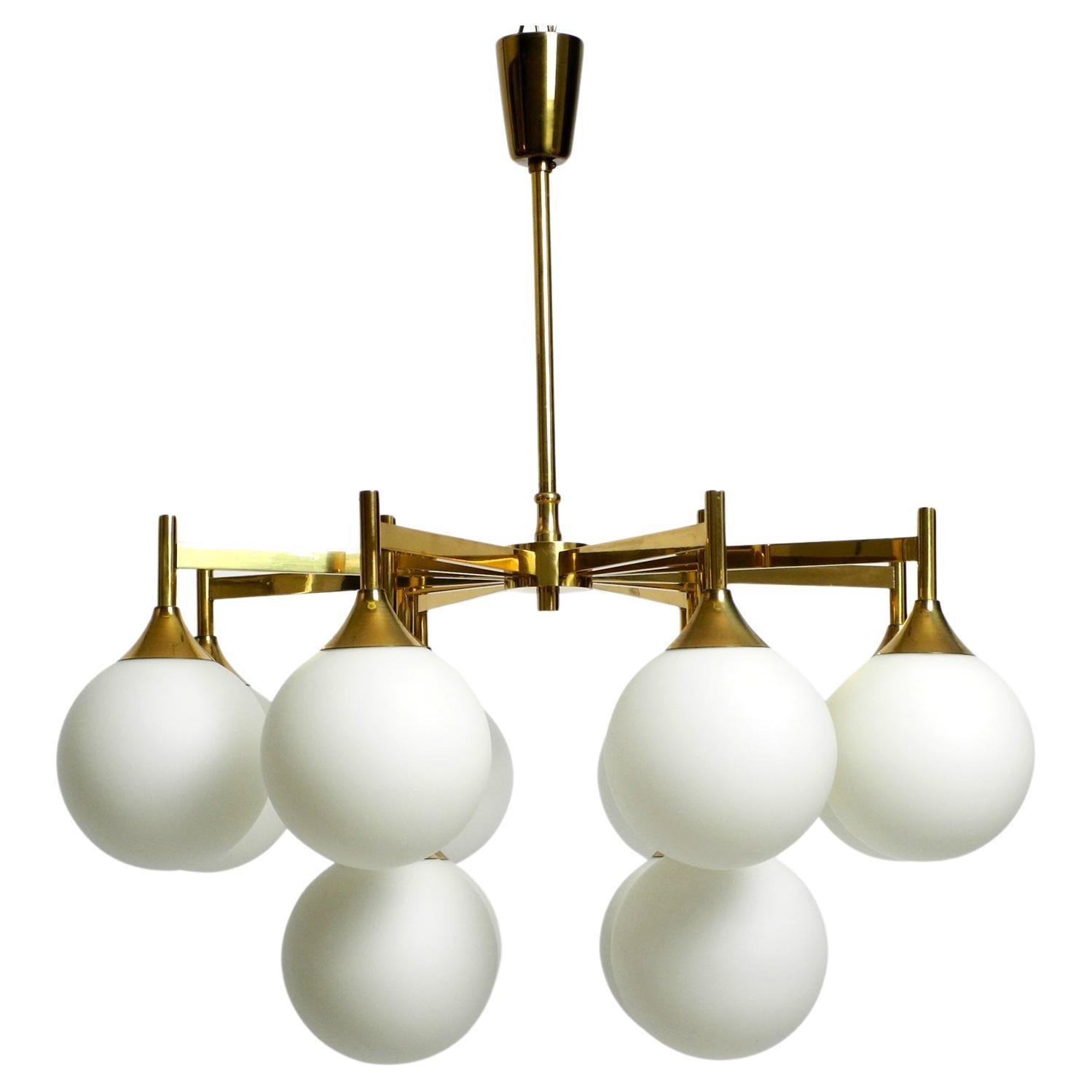 Large 1960s Space Age Kaiser brass ceiling lamp with 12 white glass balls For Sale