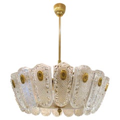 Large 1960S Swedish Glass & Brass Chandelier Pendant Light by Orrefors